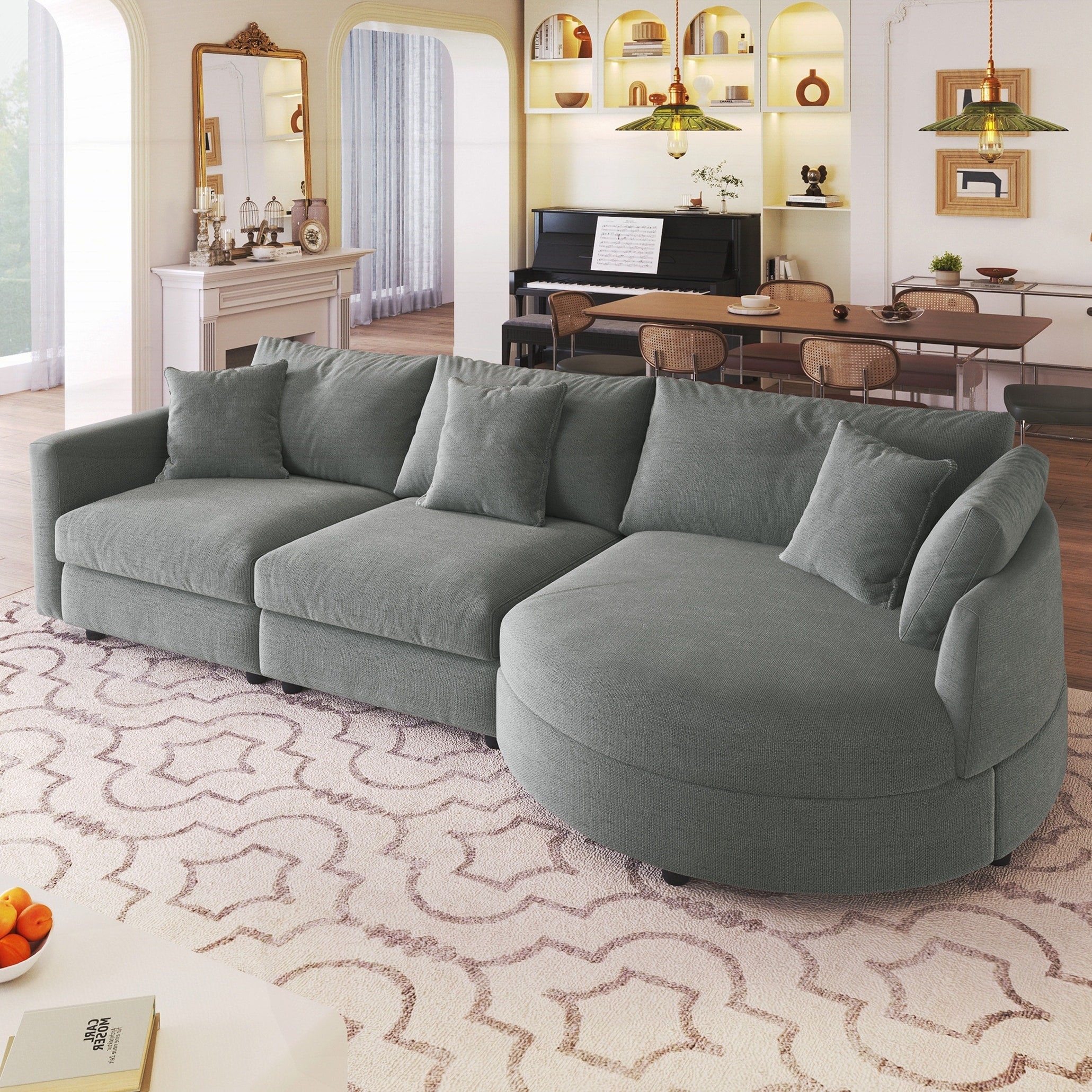 3 Piece Sectional Sofa With Curved Chaise And 3 Throw Pillows Perfect For Living Rooms Offices