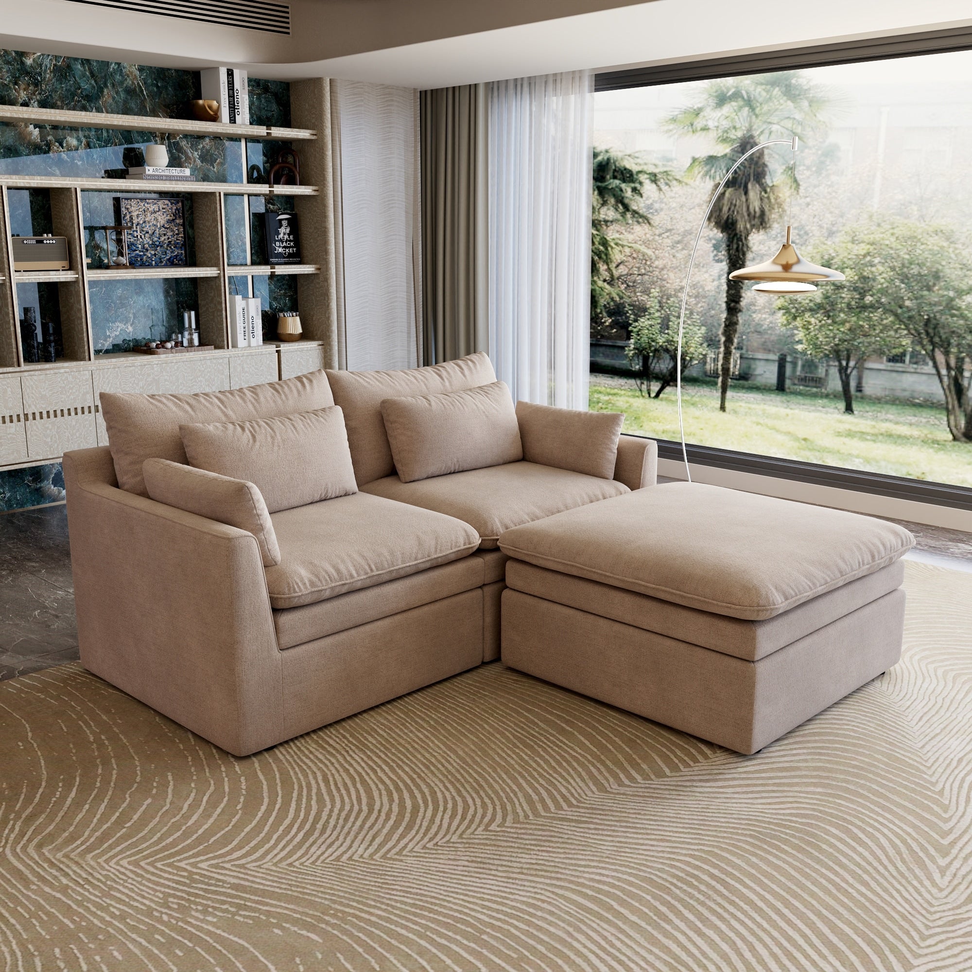 3 Piece Sectional With Double Layer Seat Cushions Four Pillows And One Ottoman For Living Room Apartment