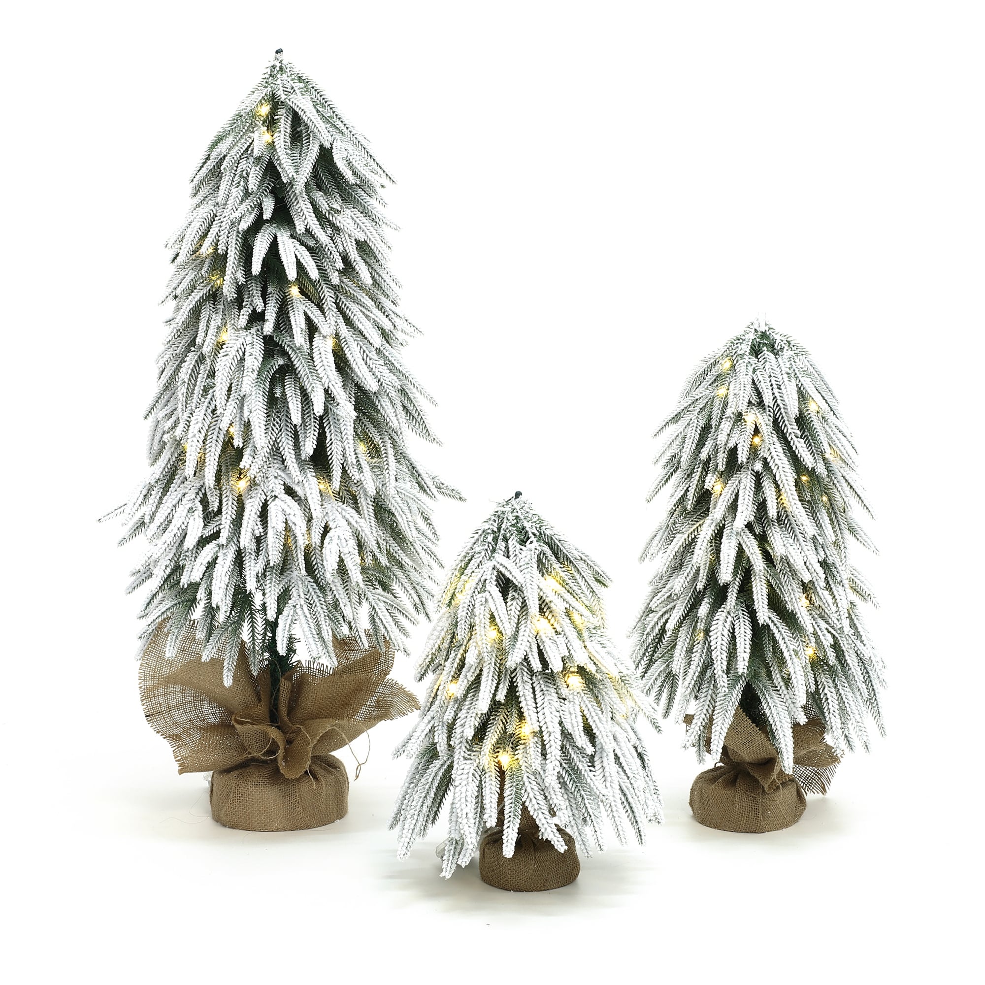 3 Piece Snowy Long Branches Artifical Christmas Tree Set With Battery Op Lights