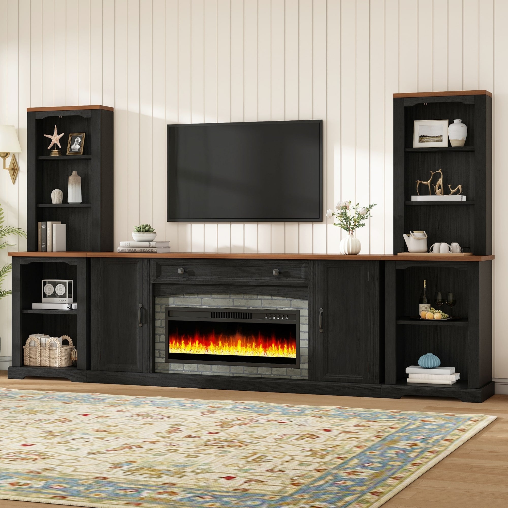 3 Piece Tv Stand Set With Electric Fireplace For Tvs Up To 70 Modern Entertainment Center With Bookshelves