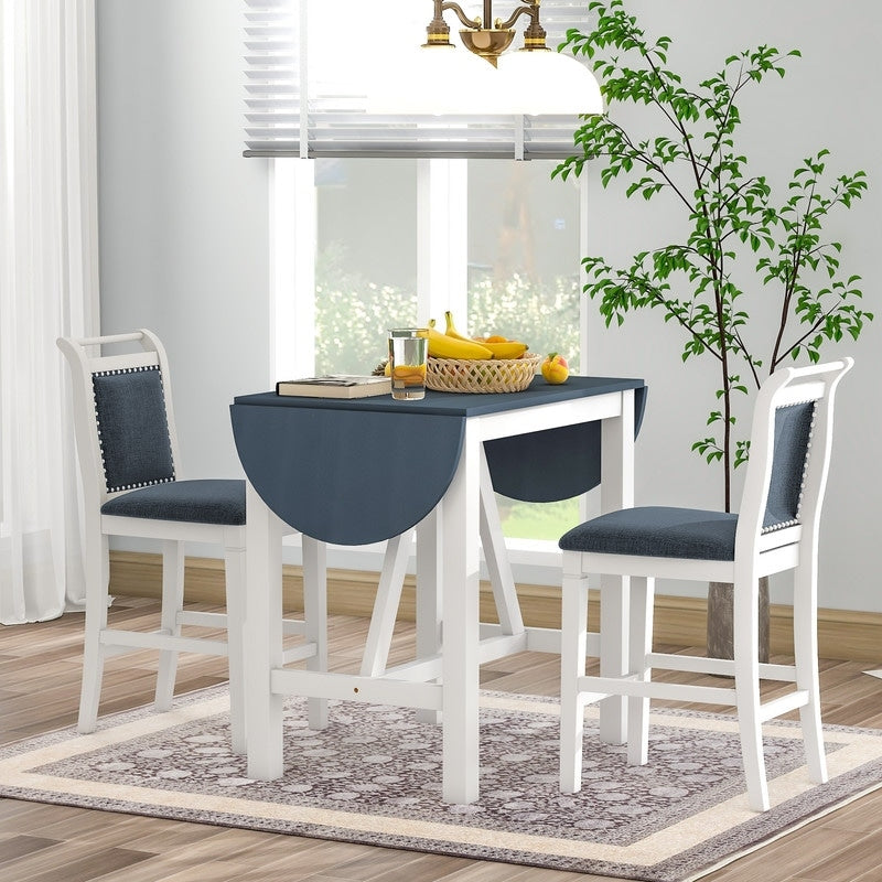 3 Piece Wood Counter Height Drop Leaf Dining Table Set With 2 Upholstered Dining Chairs