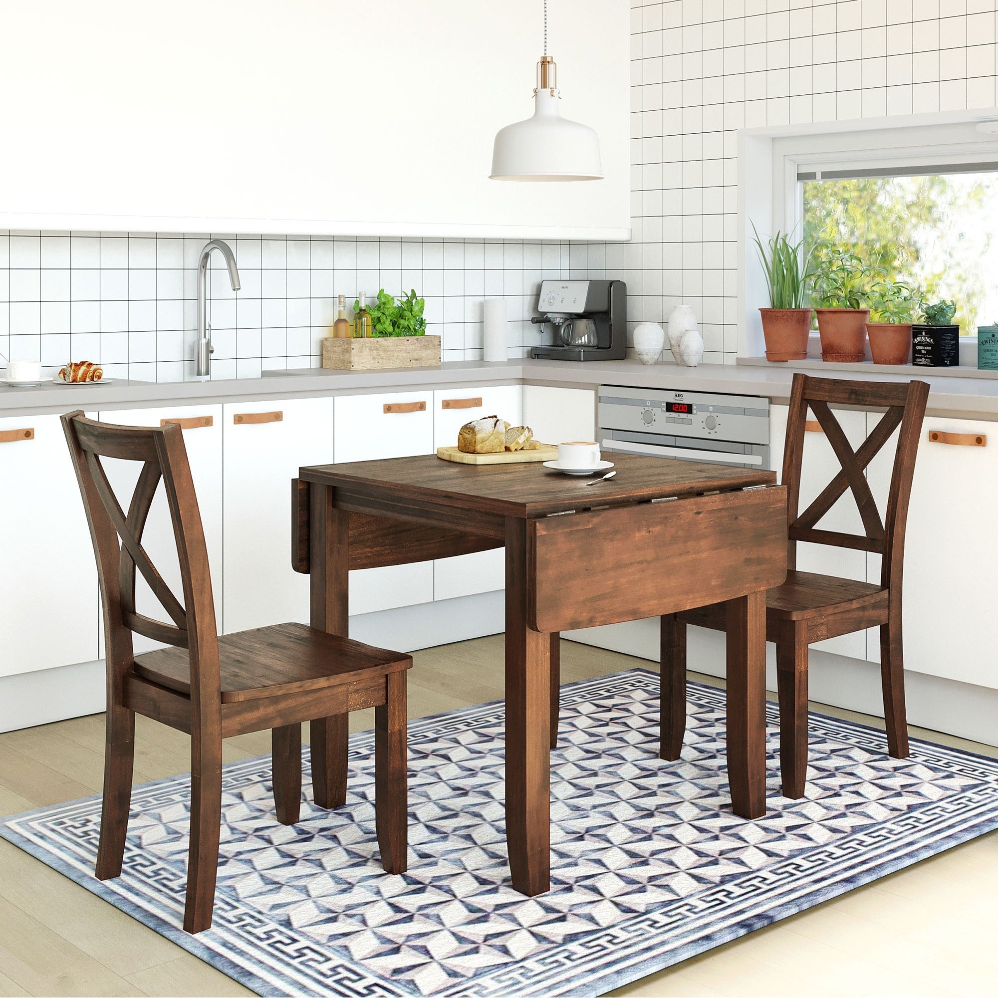 3 Piece Wood Drop Leaf Breakfast Nook Dining Table Set With 2 X Back Chairs For Small Places