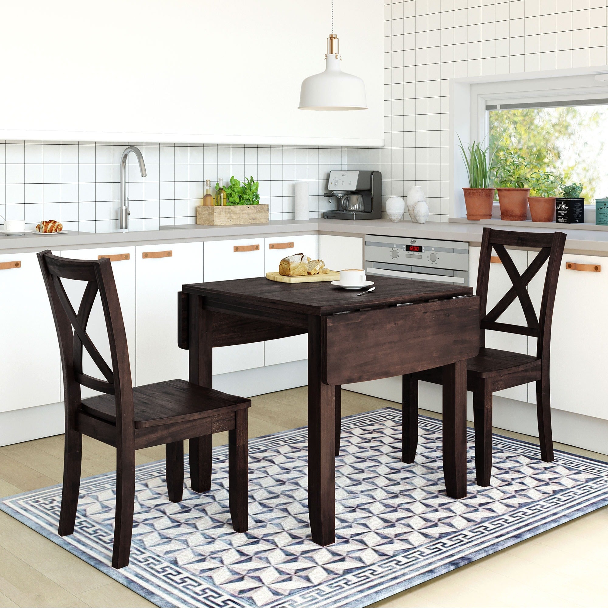 3 Piece Wood Drop Leaf Breakfast Nook Dining Table Set With Two X Back Chairs For Small Space Solutions