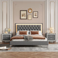 3 Pieces Bedroom Sets Queen Size Upholstered Platform Bed With Led Lights And Two Nightstands Gray