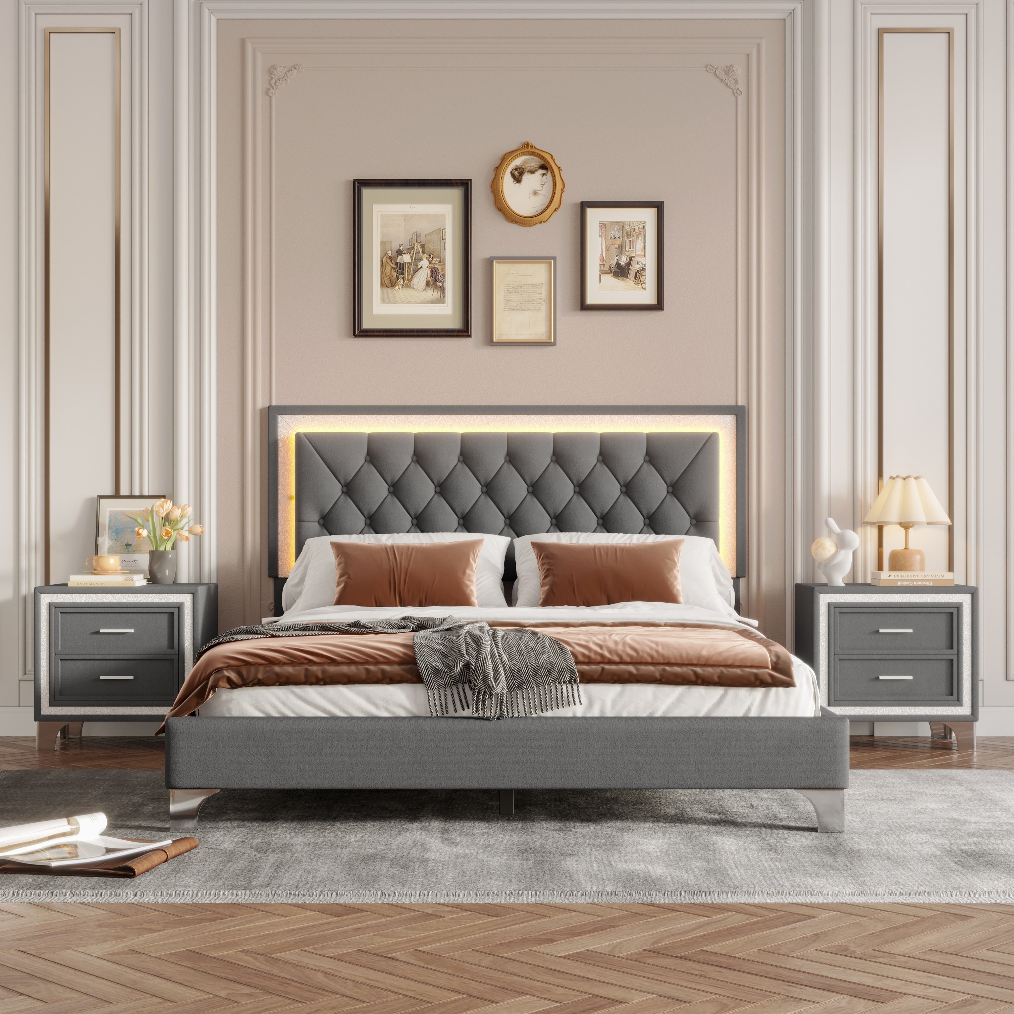 3 Pieces Bedroom Sets Queen Size Upholstered Platform Bed With Led Lights And Two Nightstands Gray