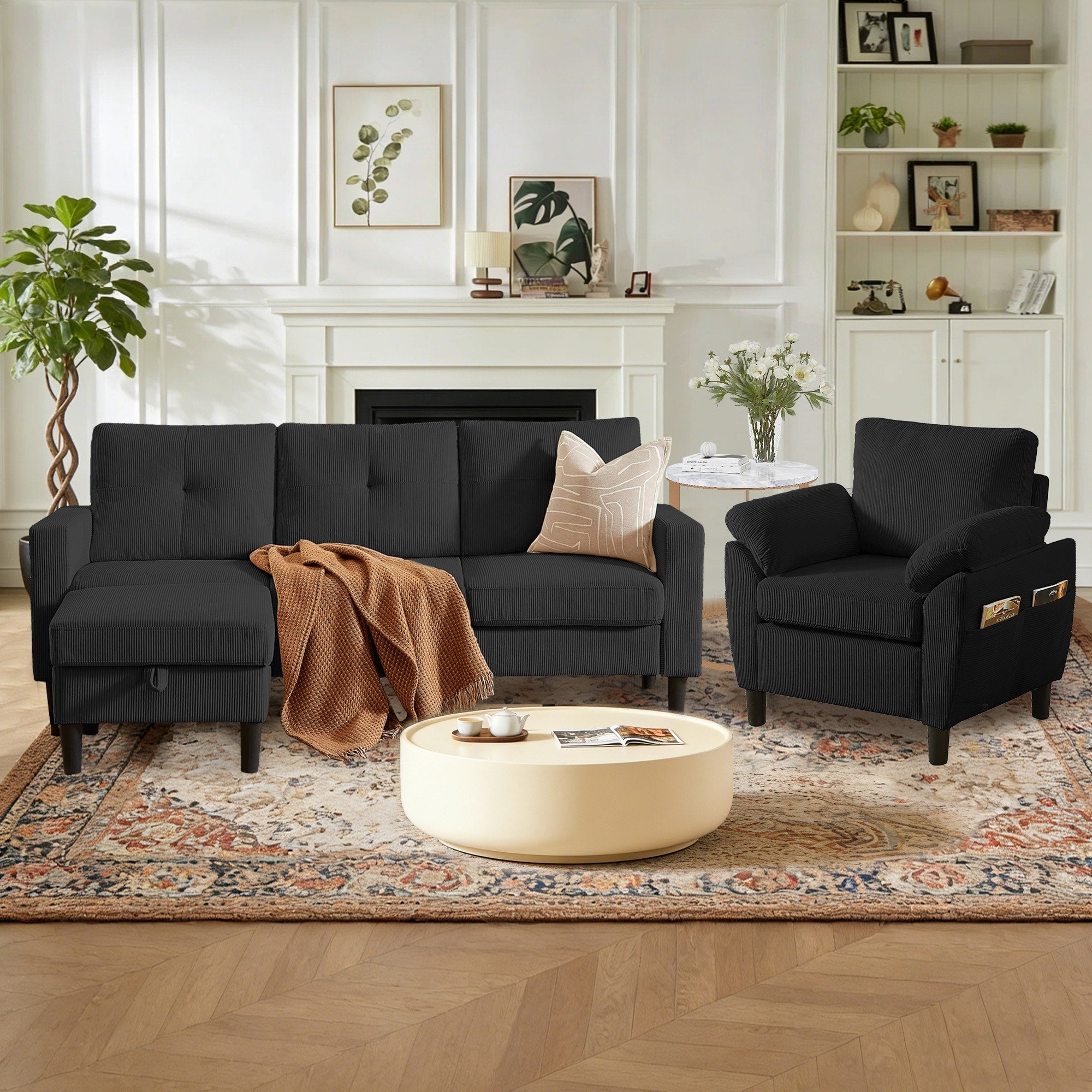 3 Pieces Corduroy Living Room Set With Sofa Ottoman And Chair