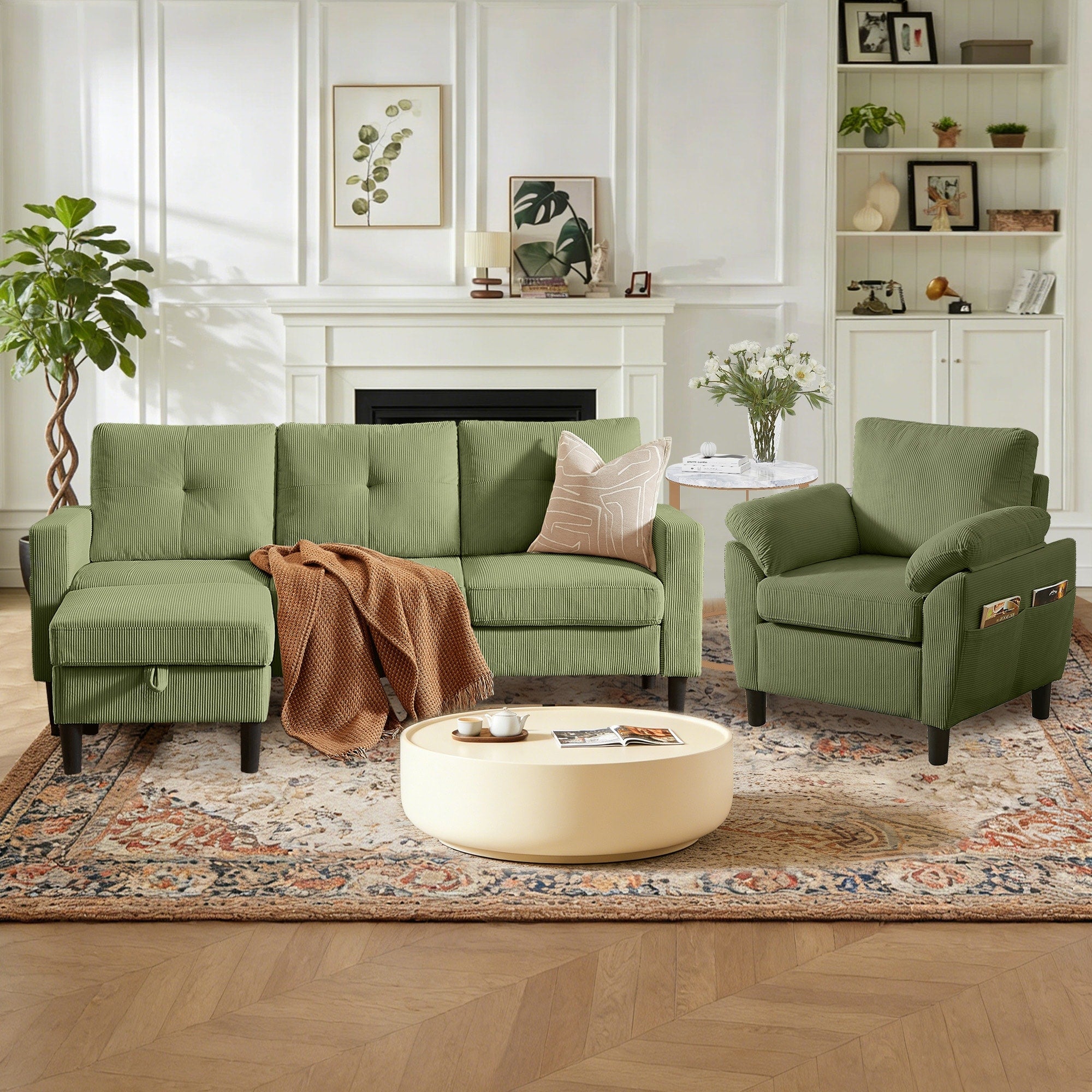 3 Pieces Corduroy Living Room Set With Sofa Storage Ottoman And Chair