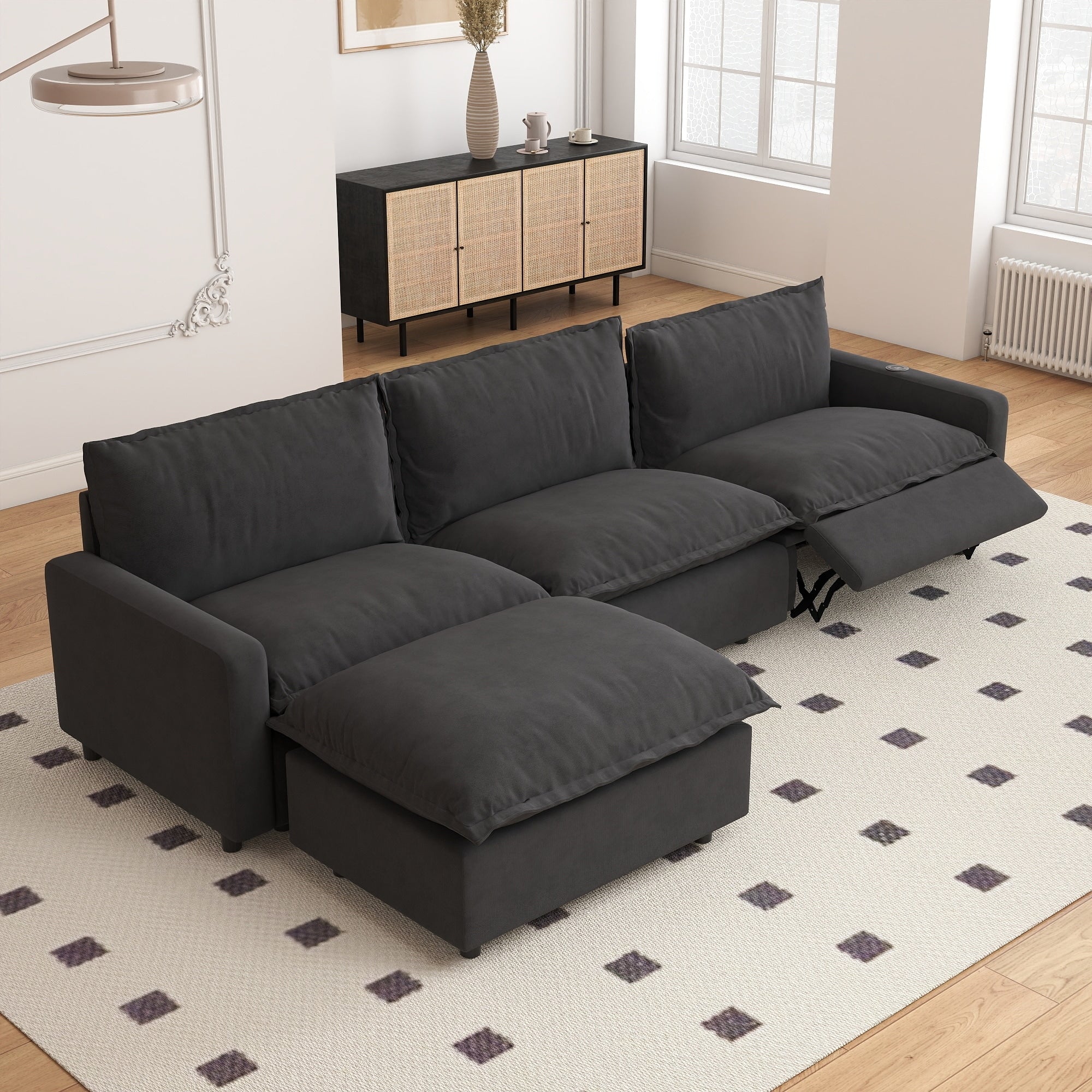 3 Seat Power Reclining Sofa With Ottoman Heating And Usb Ports Reclining Couch For Living Room