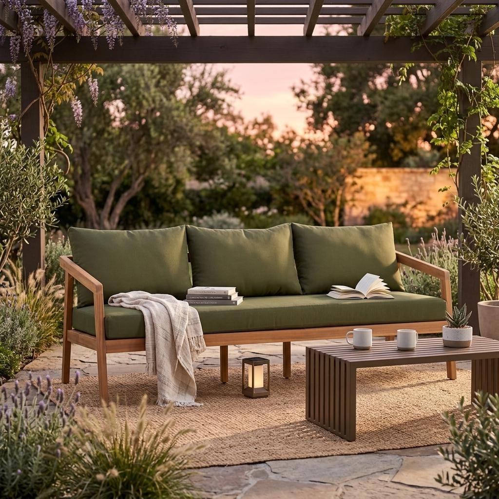 3 Seater Acacia Outdoor Patio Sofa With Thick Cushions By Leisure Zone