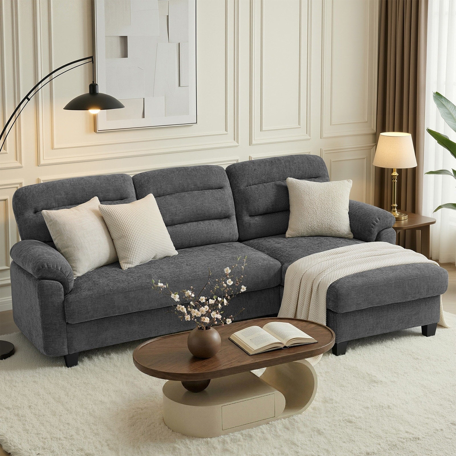 3 Seater Chenille Sectional Sofa Couch With Chaise 87.8 W X 34.6 H X 61 D