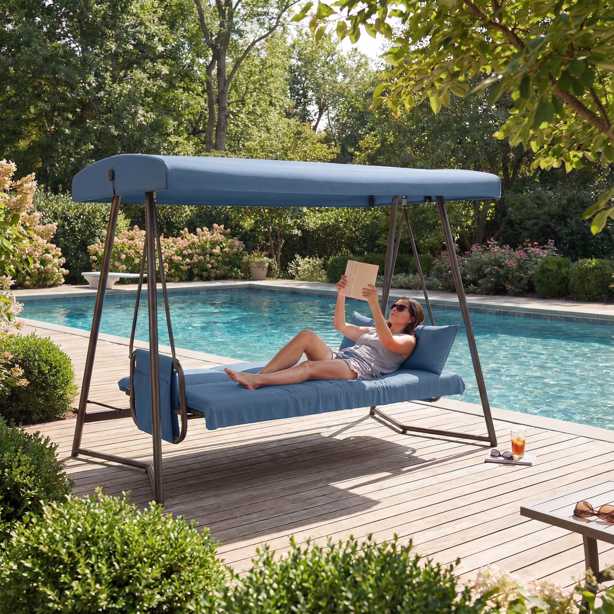 3 Seater Hanging Patio Porch Swing Bed With Adjustable Canopy