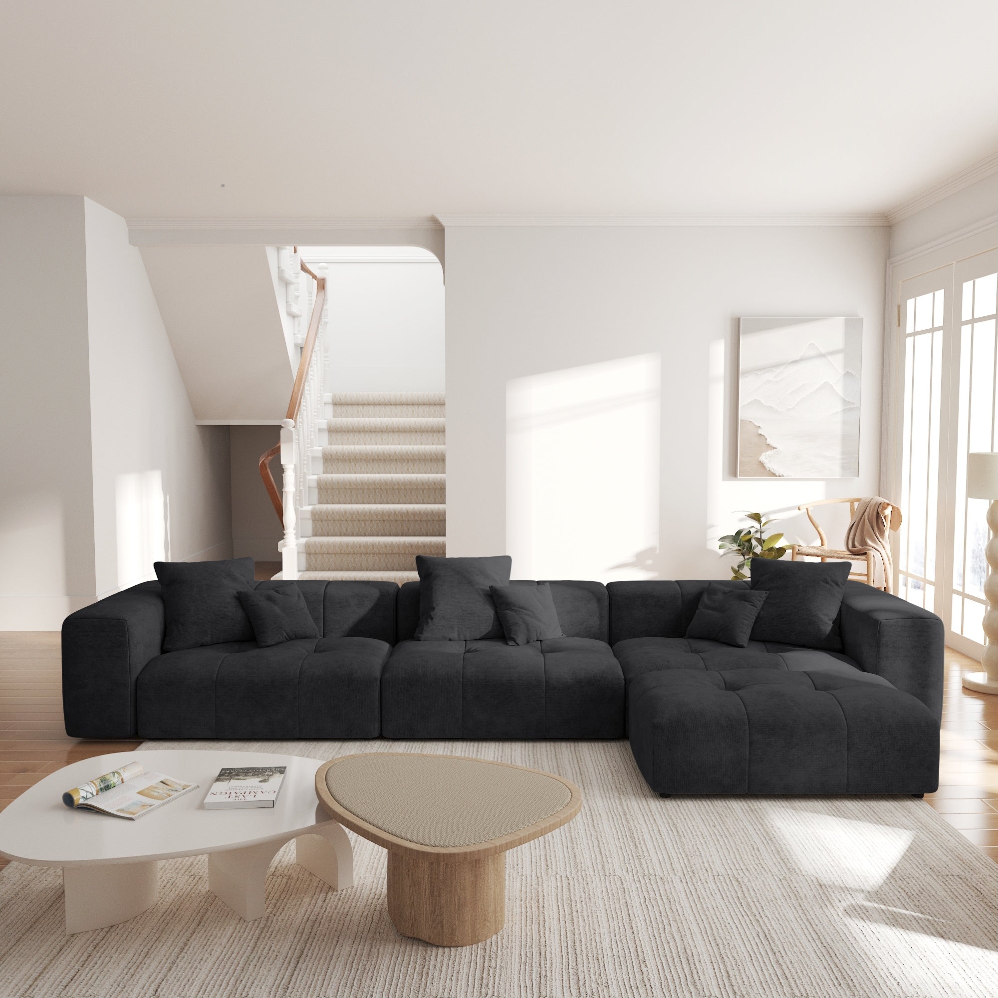 3 Seater Modular Sectional Couch With Ottoman Modern Linen Upholstered Sectional Sofa