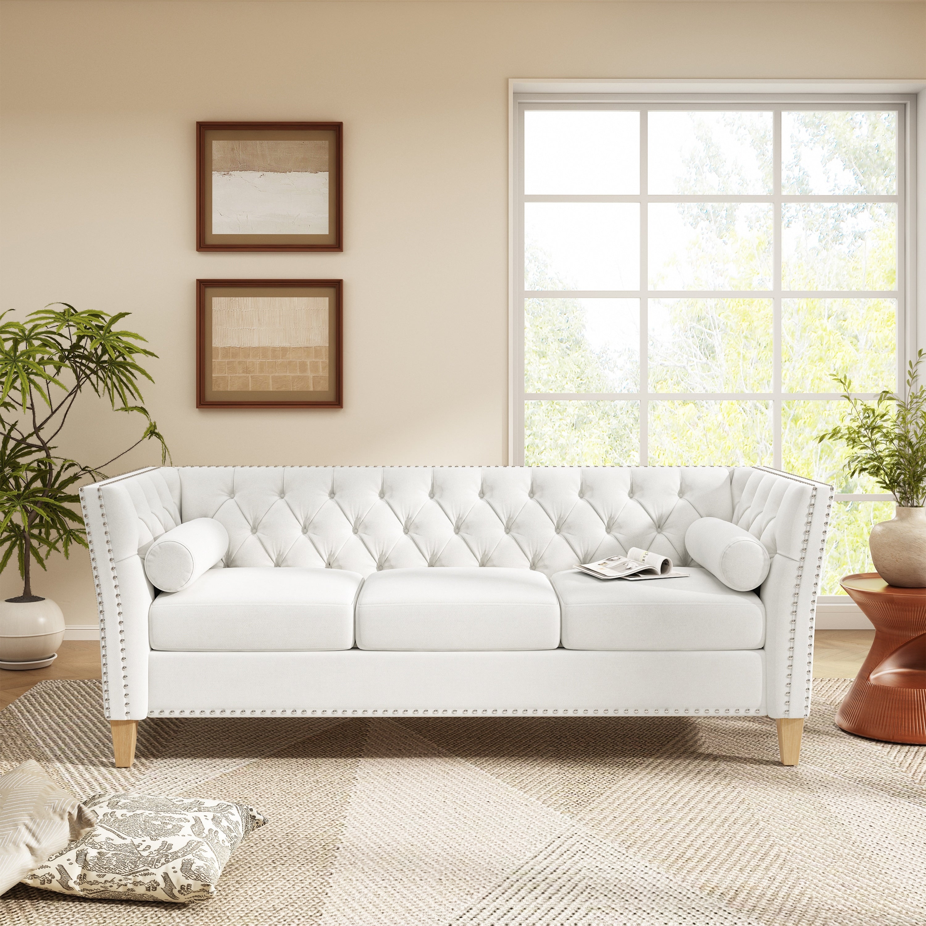 3 Seater Sofa Couch With Flared Armrests Upholstered Sofa Settee Couch With Nailhead Trim And Wood Legs