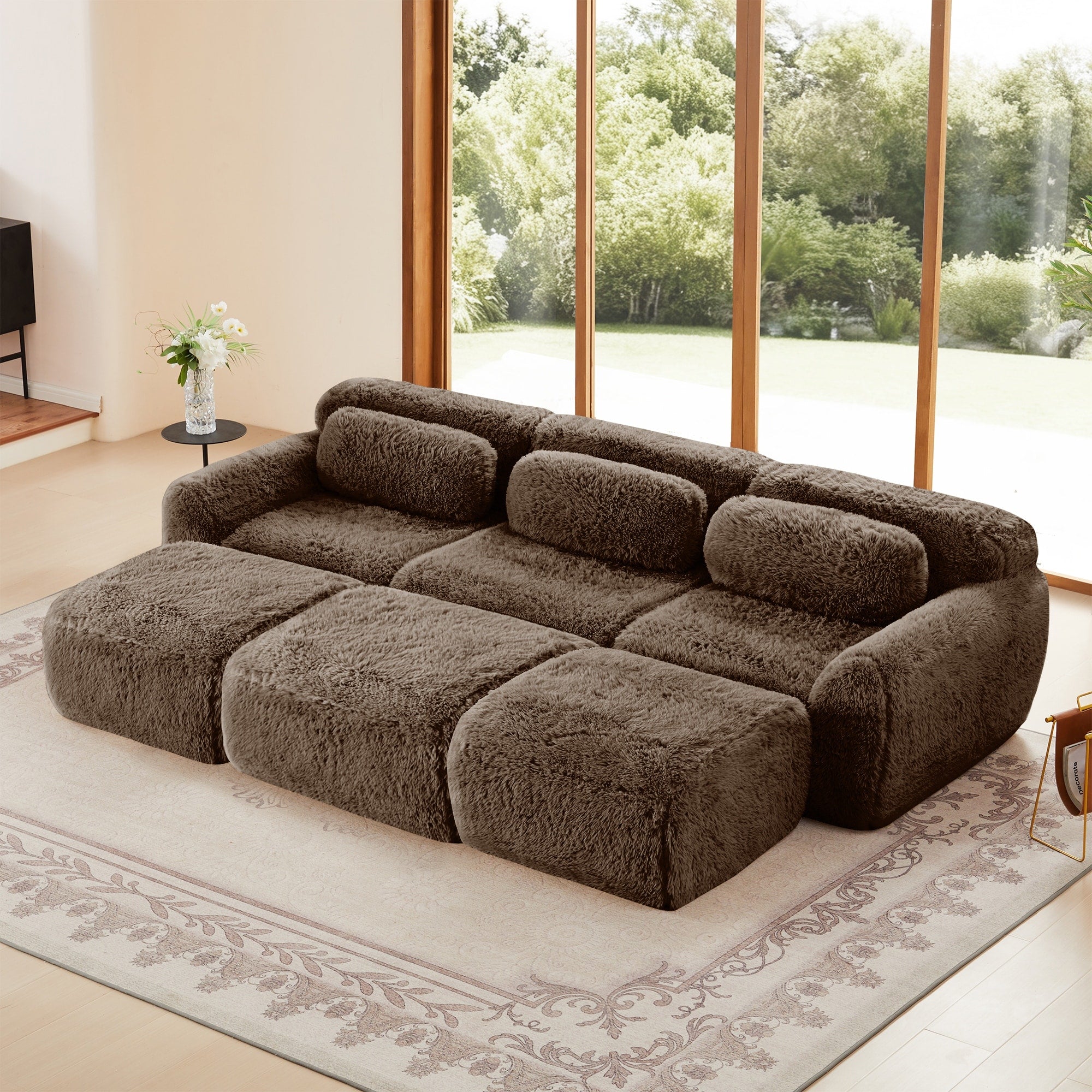 3 Seater Soft Plush Fabric Movable Ottoman Free Combination Bottom Anti Slip Design