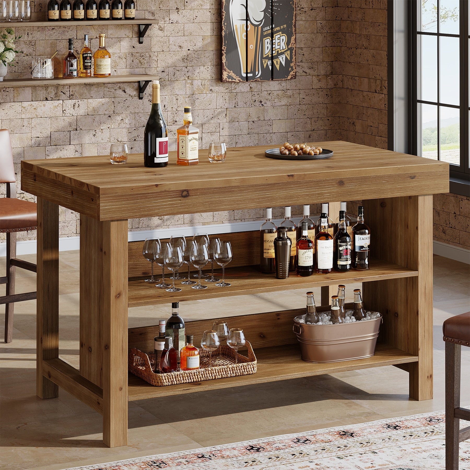 3 Tier 55 Inch Bar Table Solid Wood Farmhouse Home Bar Unit