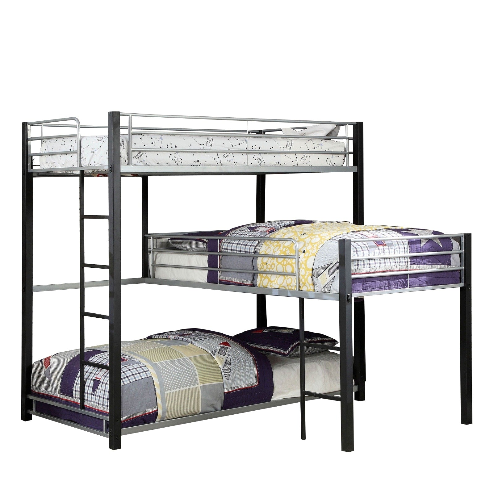 3 Tier Industrial Style Twin Bunk Bed With Corner Design Black And Gray