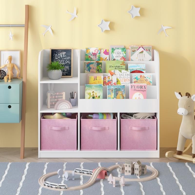 3 Tier Kids Bookcase With Collapsible Drawers Anti Tip Safety Toy Book Storage Shelf