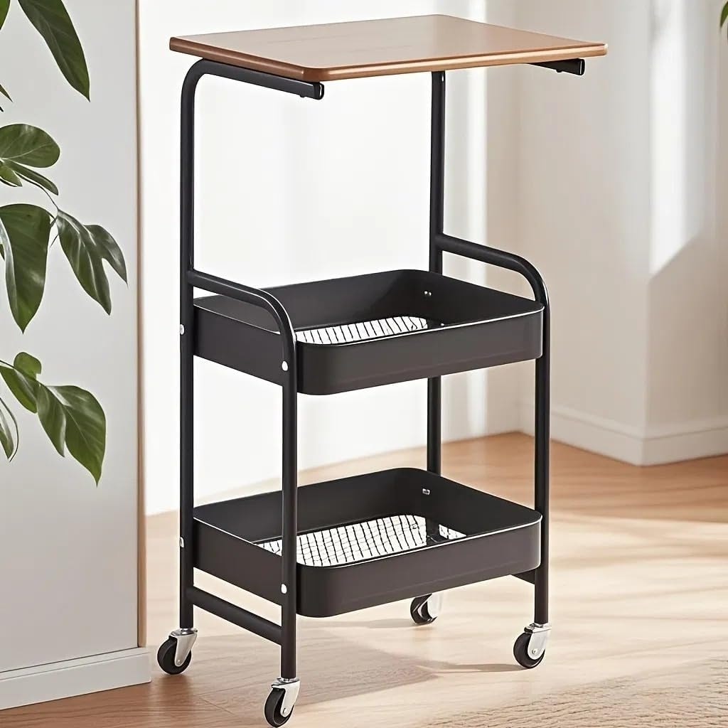 3 Tier Rolling Storage Cart With Wooden Desktop Metal Utility Cart On Wheels