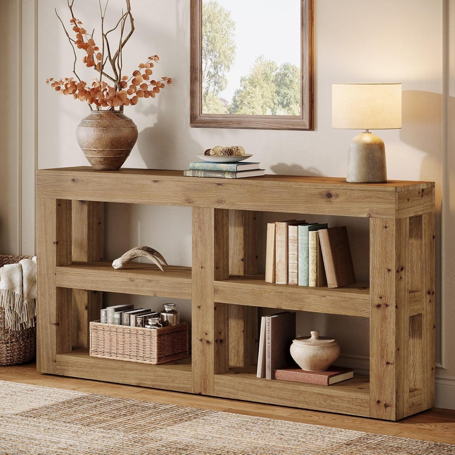 3 Tier Solid Wood Console Table For Living Room 63 Rustic Entryway Table With Storage 63 L X 11.6 W X 33.5 H