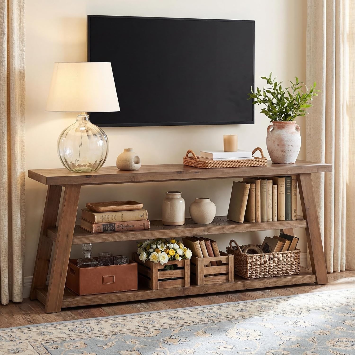 3 Tier Solid Wood Tv Stand For Living Room 63 Framhouse Rustic Entertainment Center For Tvs Up To 70 Inches