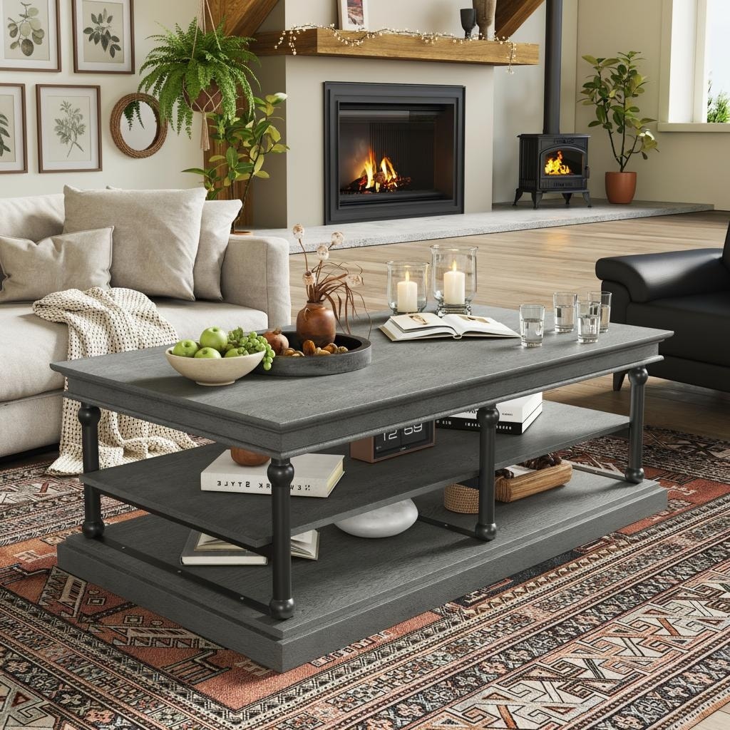 3 Tier Wood Coffee Table With Black Turned Legs Dual Open Shelves By Harper Bright Designs
