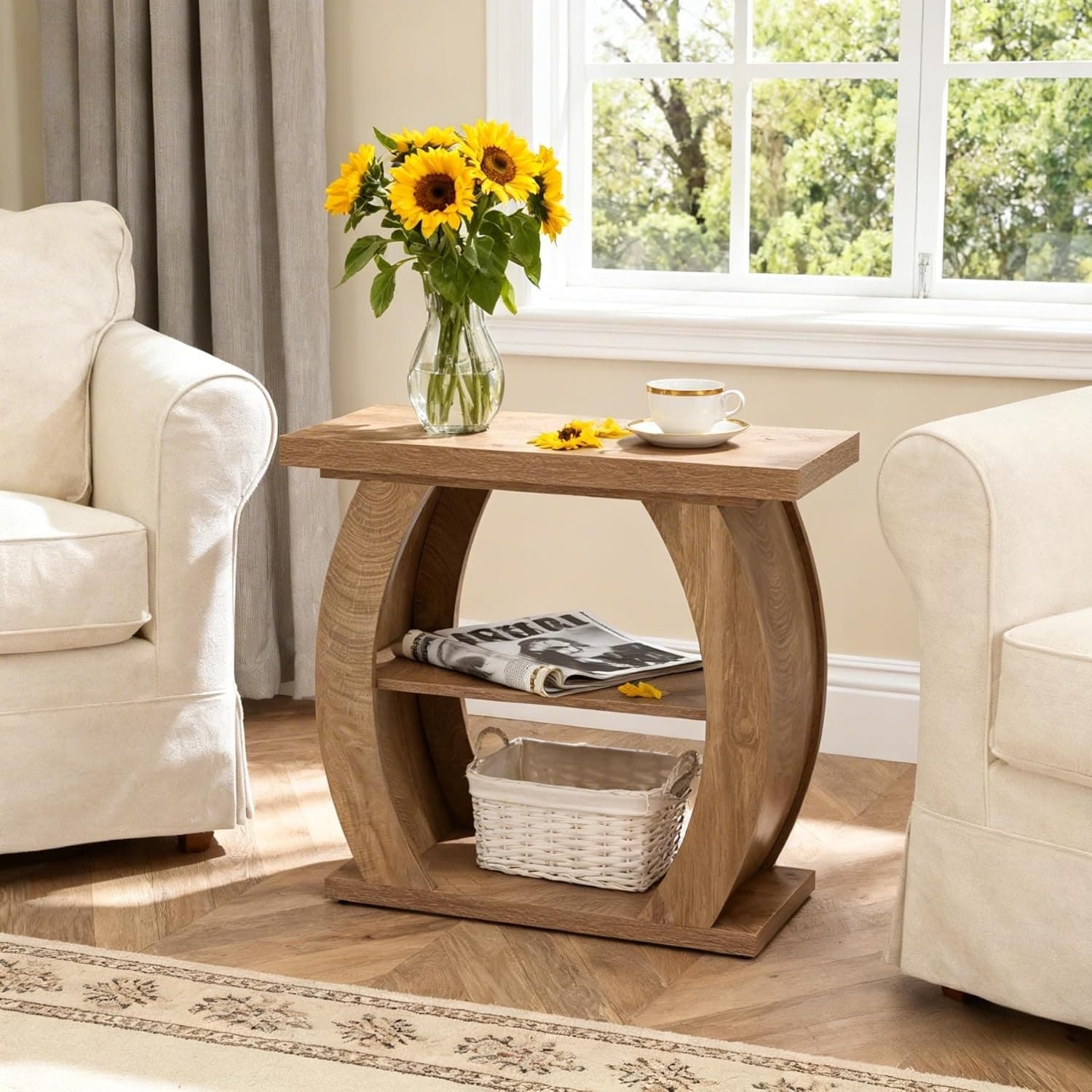 3 Tier Wooden End Table With Curved Frame Farmhouse Narrow Bedside Table Side Table