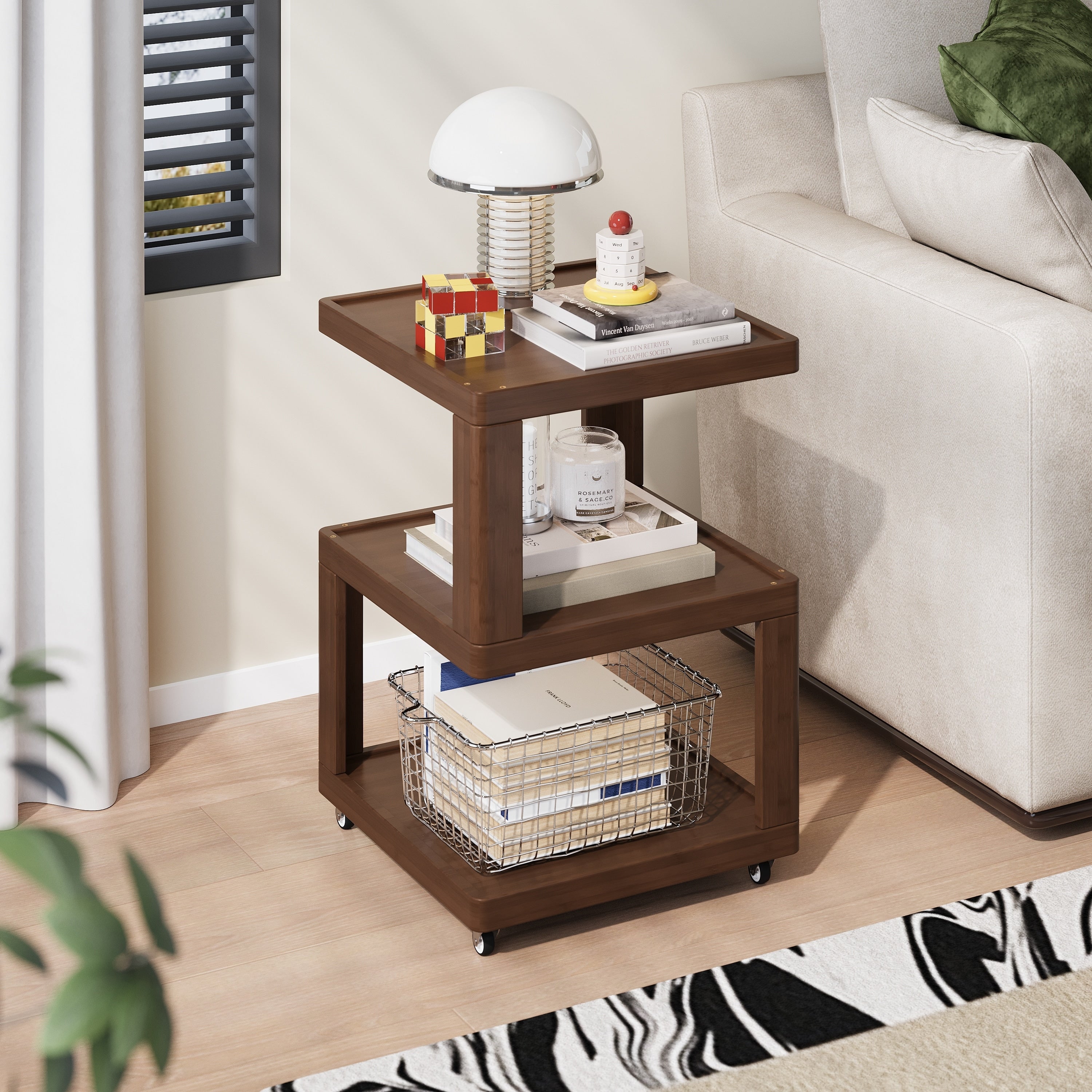 3 Tier Wooden Side Table With Casters Mobile End Table Storage Shelves Walnut Or Bamboo Finish