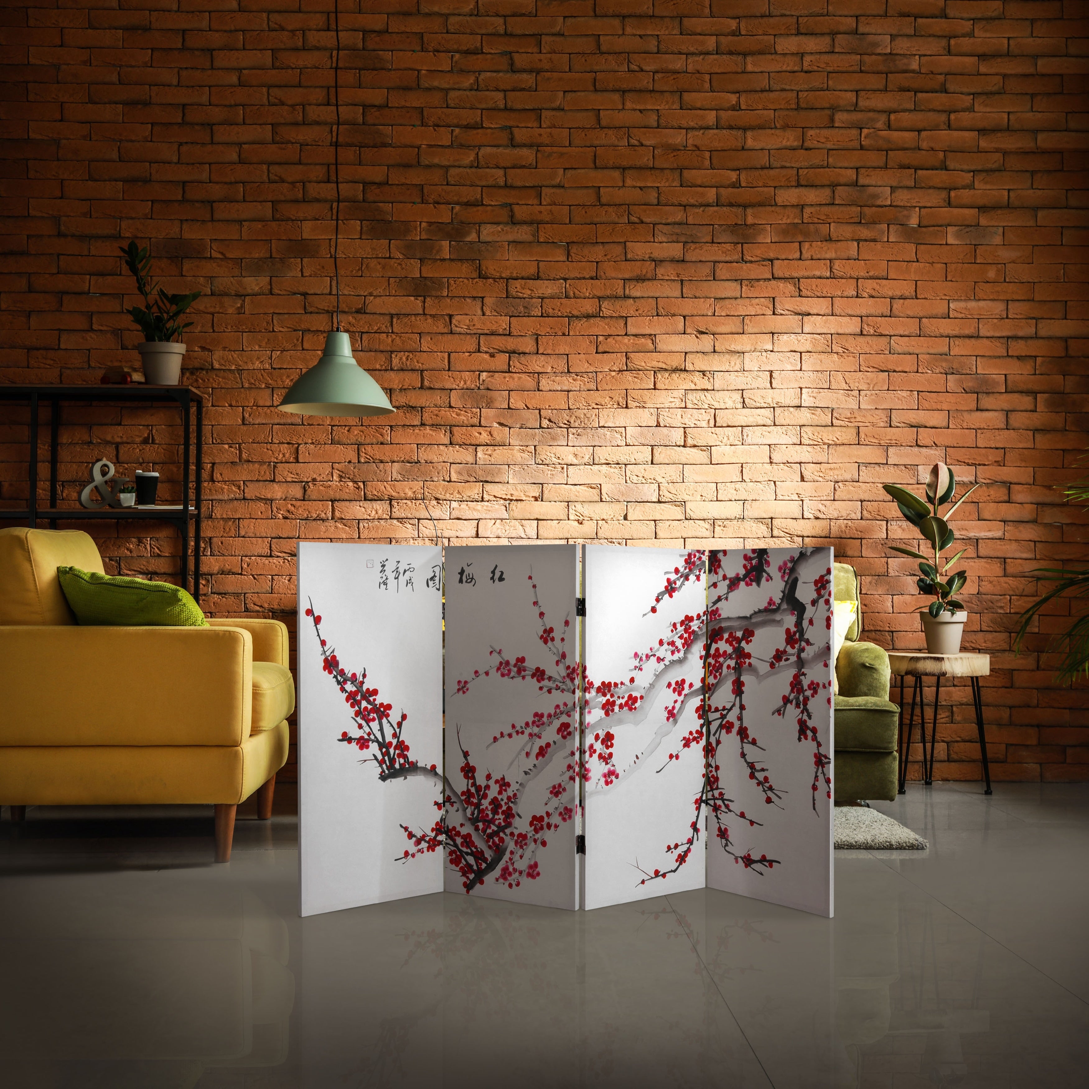 3 Foot Tall Double Sided Plum Blossom Canvas Room Divider
