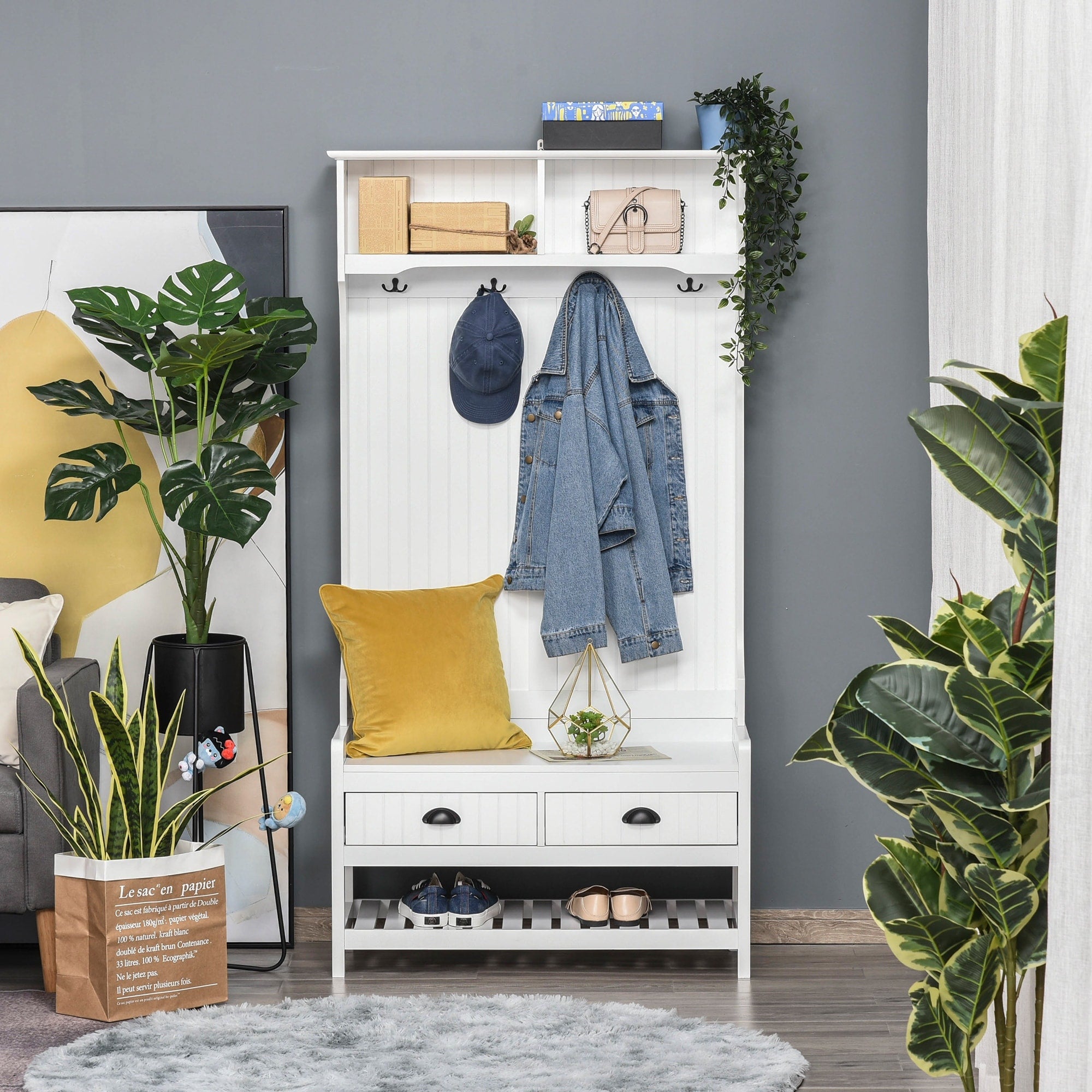 3 In 1 Hall Tree With Bench 4 Hooks Shoe Storage And Drawers