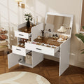 3 In 1 Makeup Vanity With Flip Top Mirror Glass Top Compact Dressing Table With Hidden Storage 3 Drawers And Cabinet
