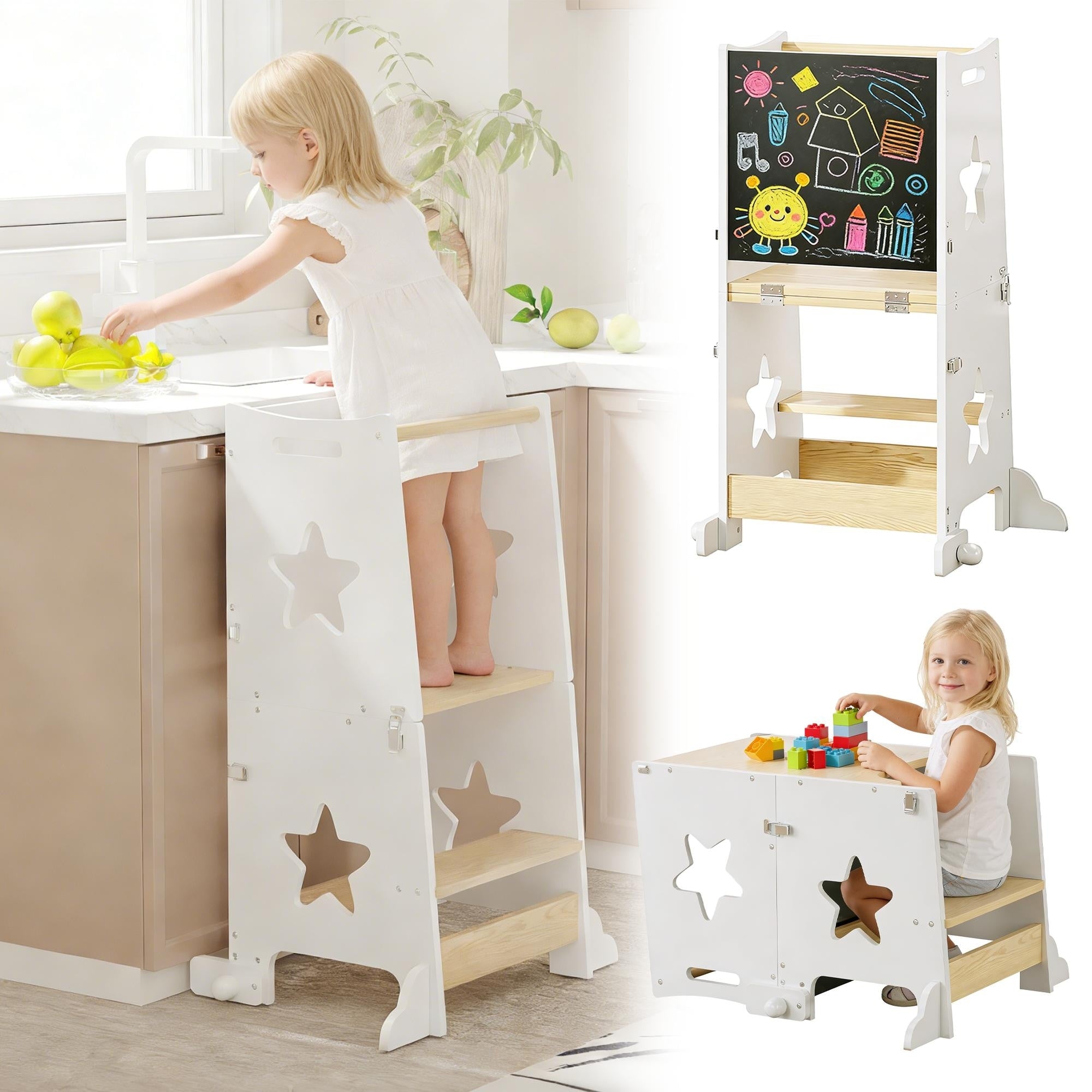 3 In 1 Toddler Kitchen Step Stool Foldable Learning Standing Tower With Blackboard Wooden Kitchen Stool Helper For Kids
