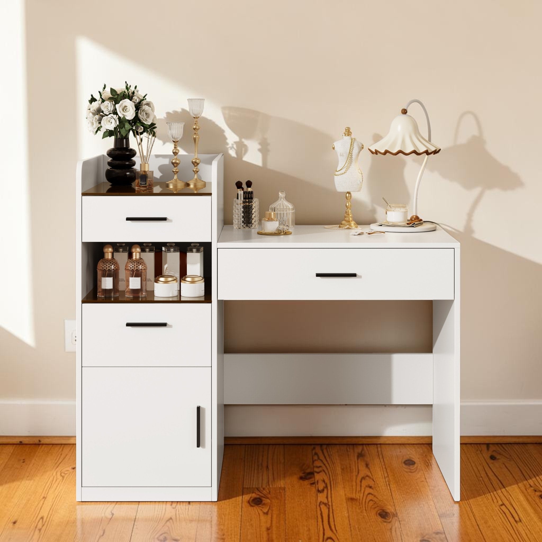 3 In 1 Vanity Desk With Flip Top Mirror Glass Top Makeup Table With Hidden Storage And Drawers