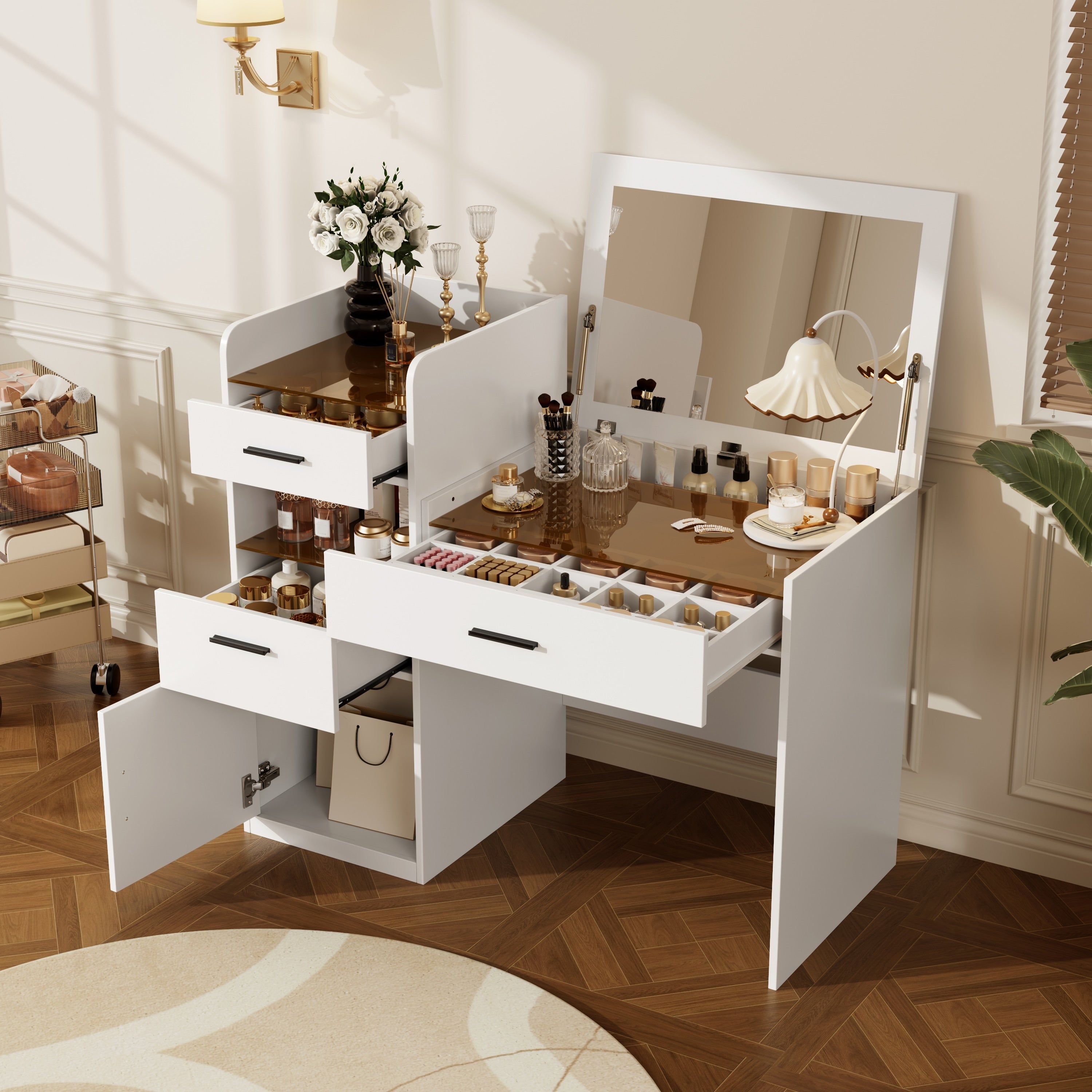 3 In 1 Vanity Desk With Flip Top Mirror Glass Top Compact Makeup Vanity Hidden Storage Vanity Table With 3 Drawers And Cabinet