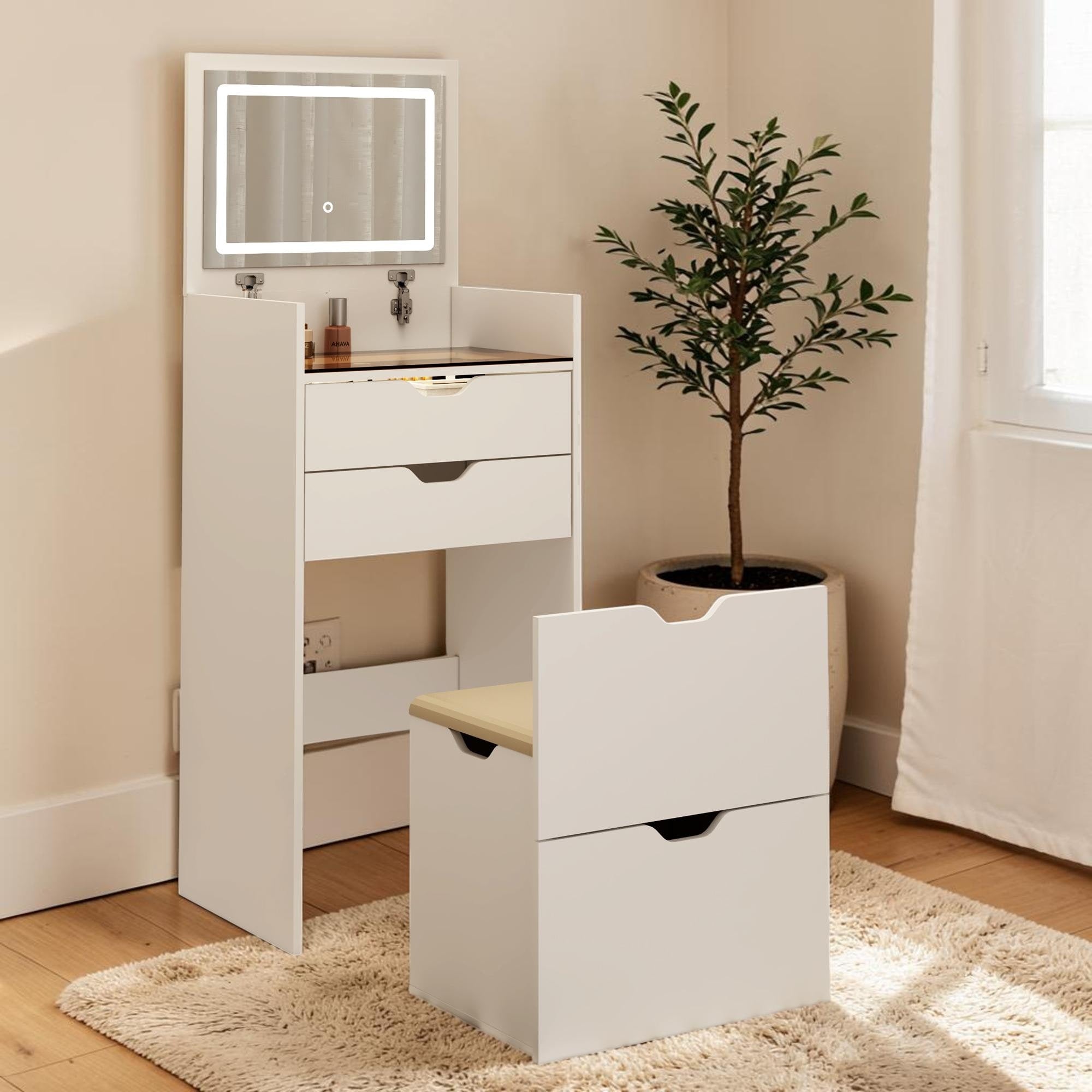 3 In 1 Vanity Desk With Flip Up Mirror And Lights Makeup Table With Storage Stool And Drawers Small Space Dressing Table