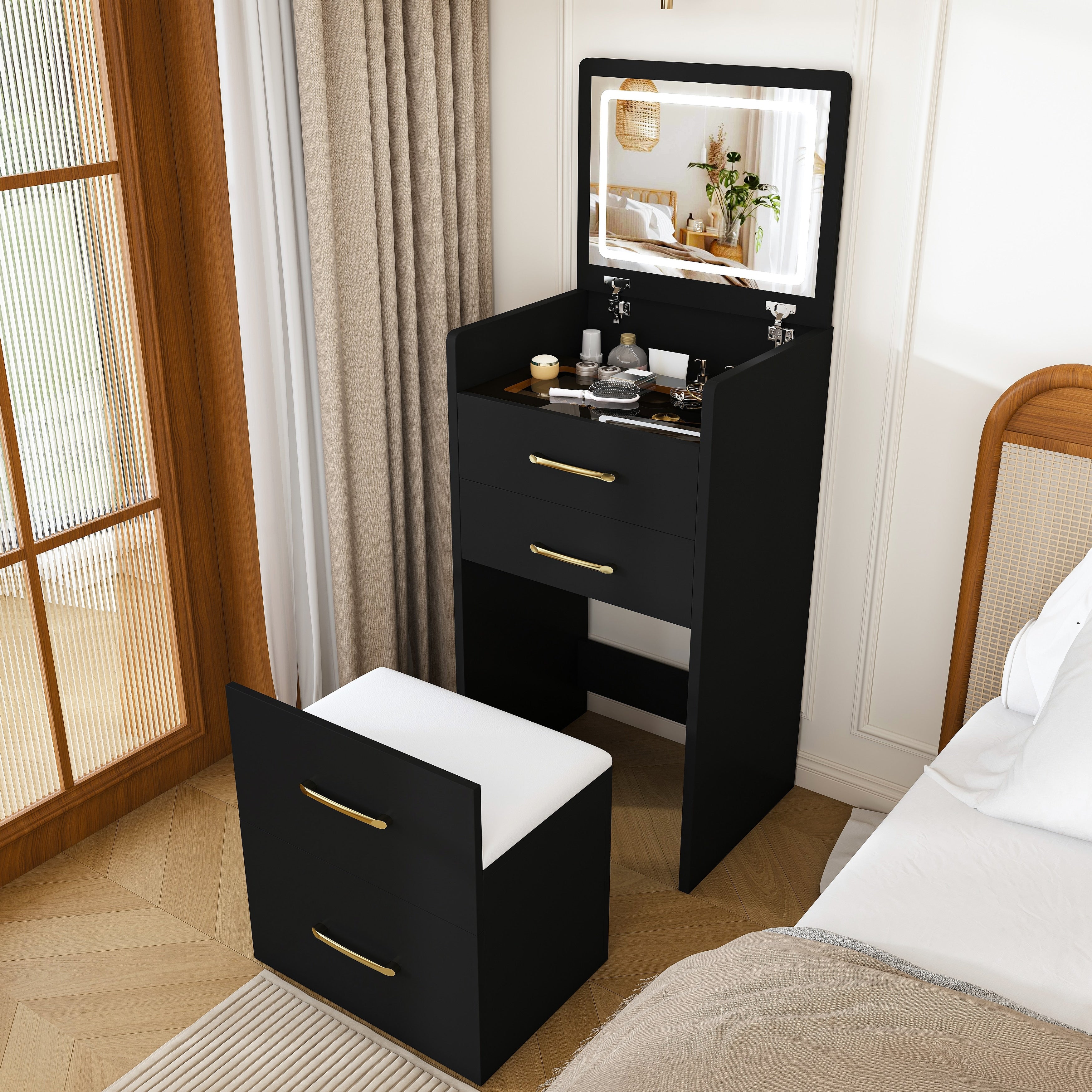 3 In 1 Vanity Desk With Open Top Mirror Small Make Up Vanity Set With Visible Glass Desktop Compact Makeup Vanity With 3 Drawers