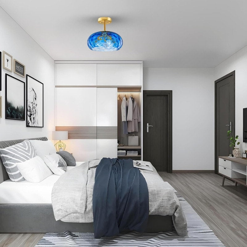 3 Light Bulbs Light Brass Glass Kitchen Lights Blue Flush Mount Light N A