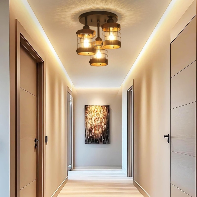 3 Light Ceiling Light Alloy Steel Wood Kitchen Light Black Chandelier Light N A