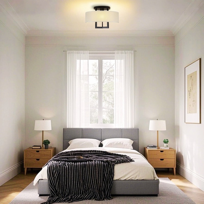 3 Light Flush Light Fabric Iron Shade Lamp Cream Entryway Light N A