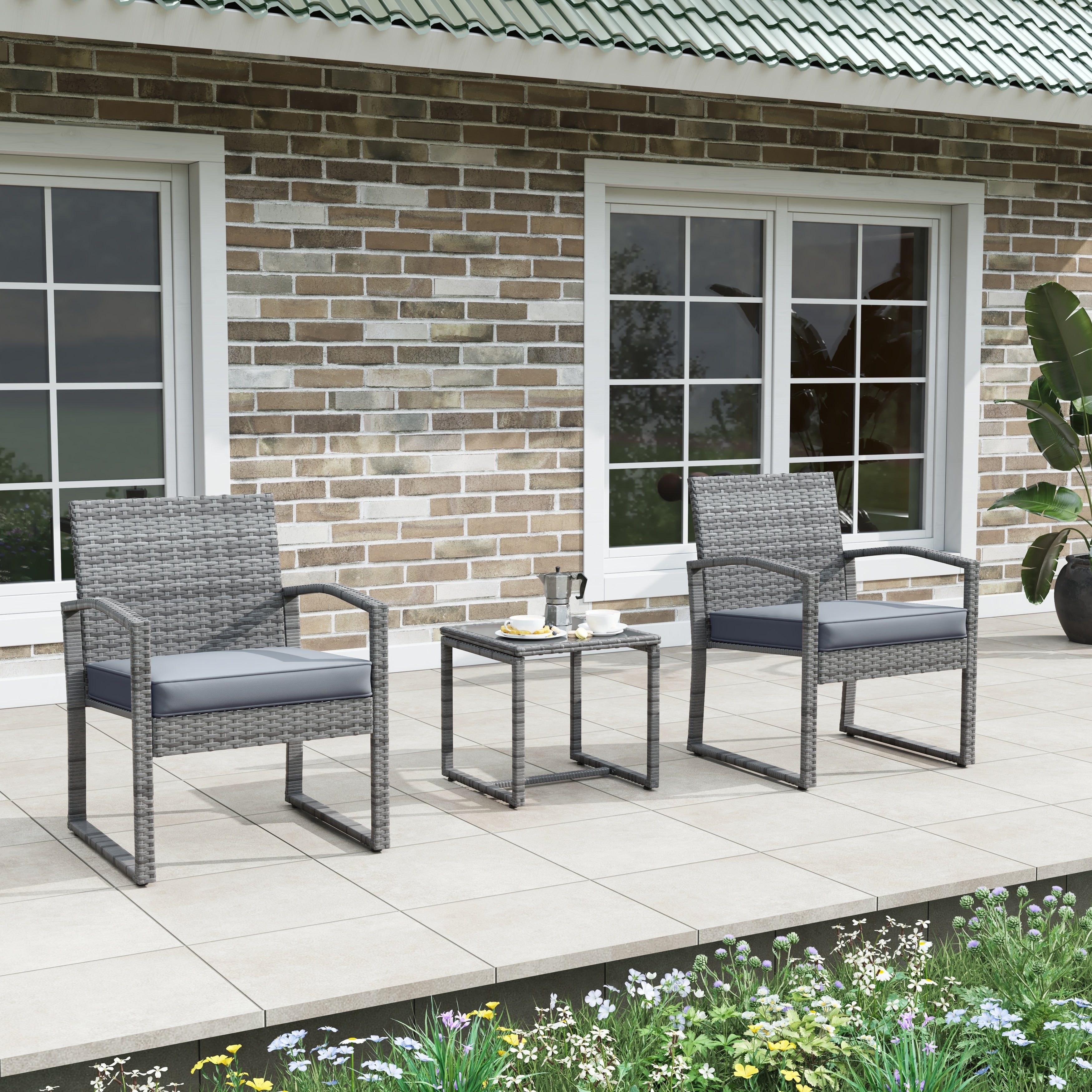 3 Piece Outdoor Wicker Chat Set With Cushions