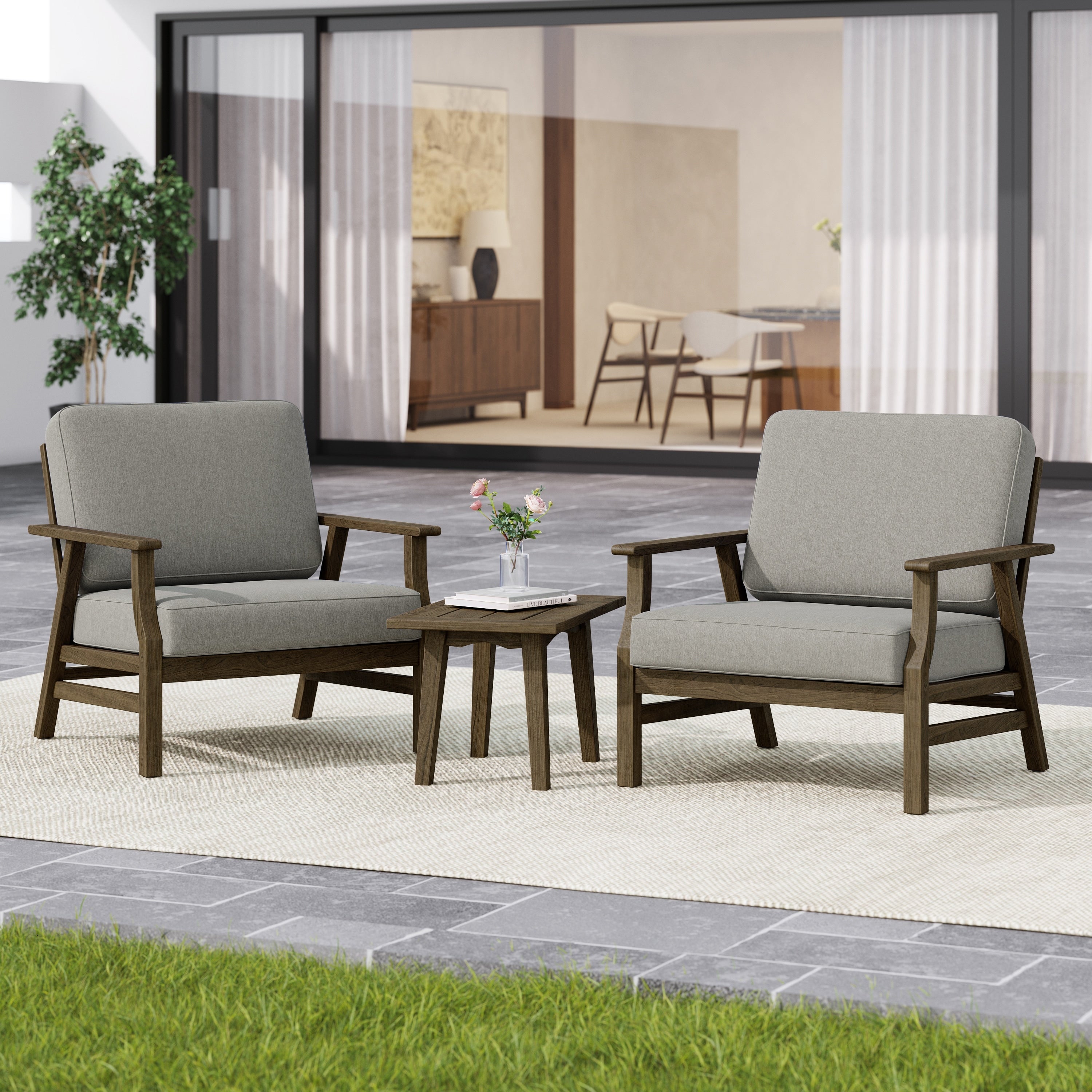 3 Piece Cushioned Outdoor Club Chiars With Side Table