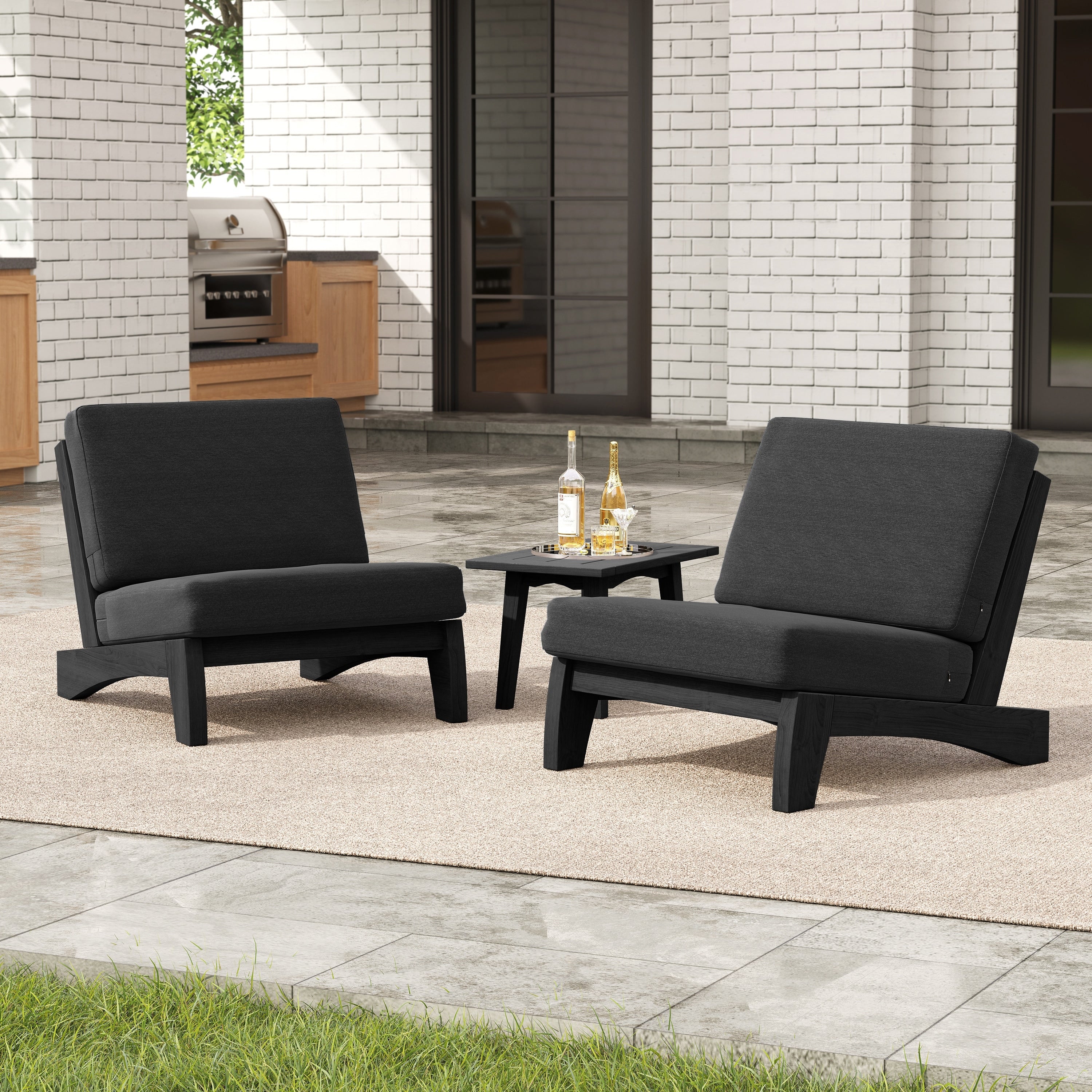 3 Piece Outdoor Patio Teak Wood Club Chairs With Side Table