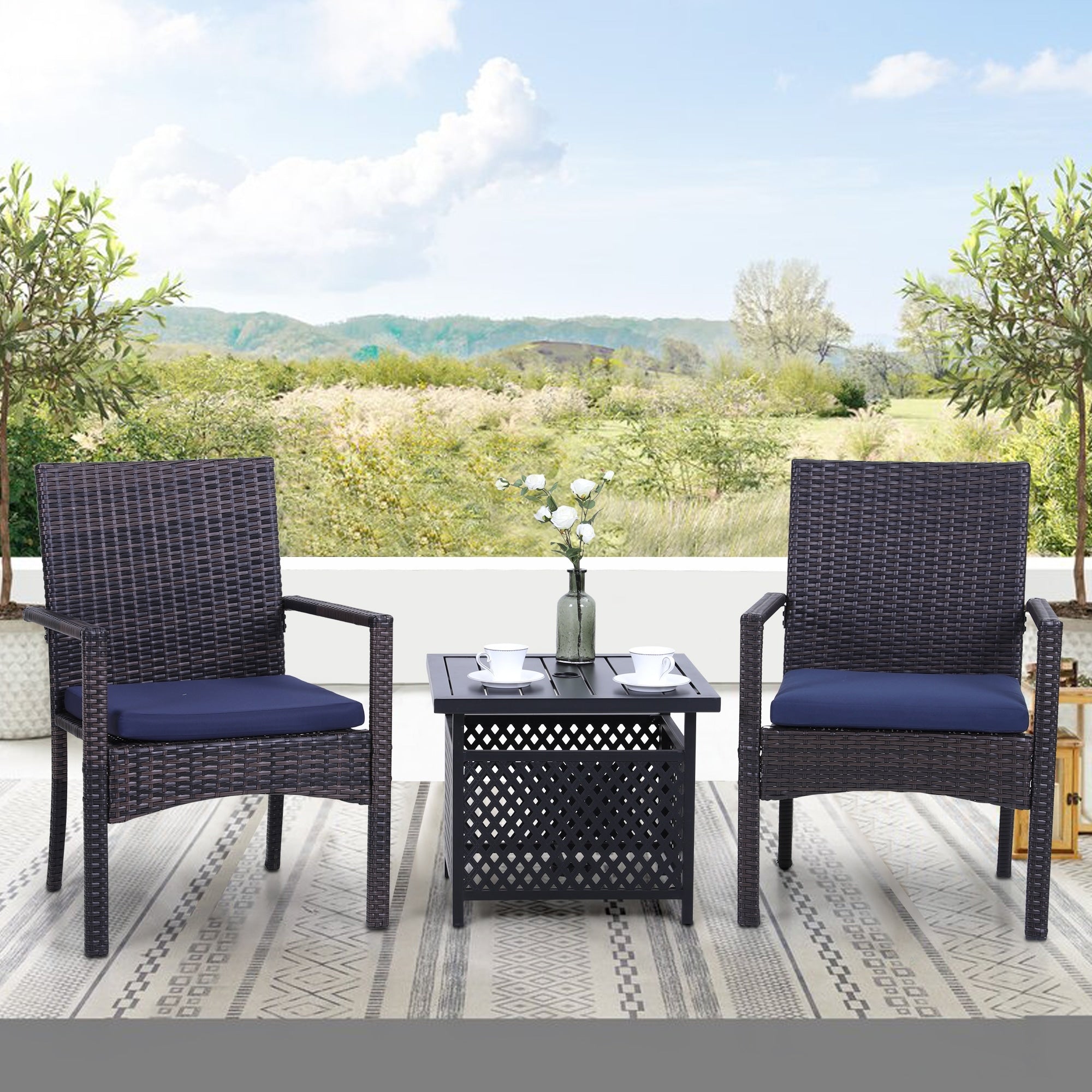 Phi Villa Seats Up To 2 Patio Dining Coffee Sets 22 Square Metal Bistro Table With 1.57 Umbrella Hole Rattan Garden Chairs