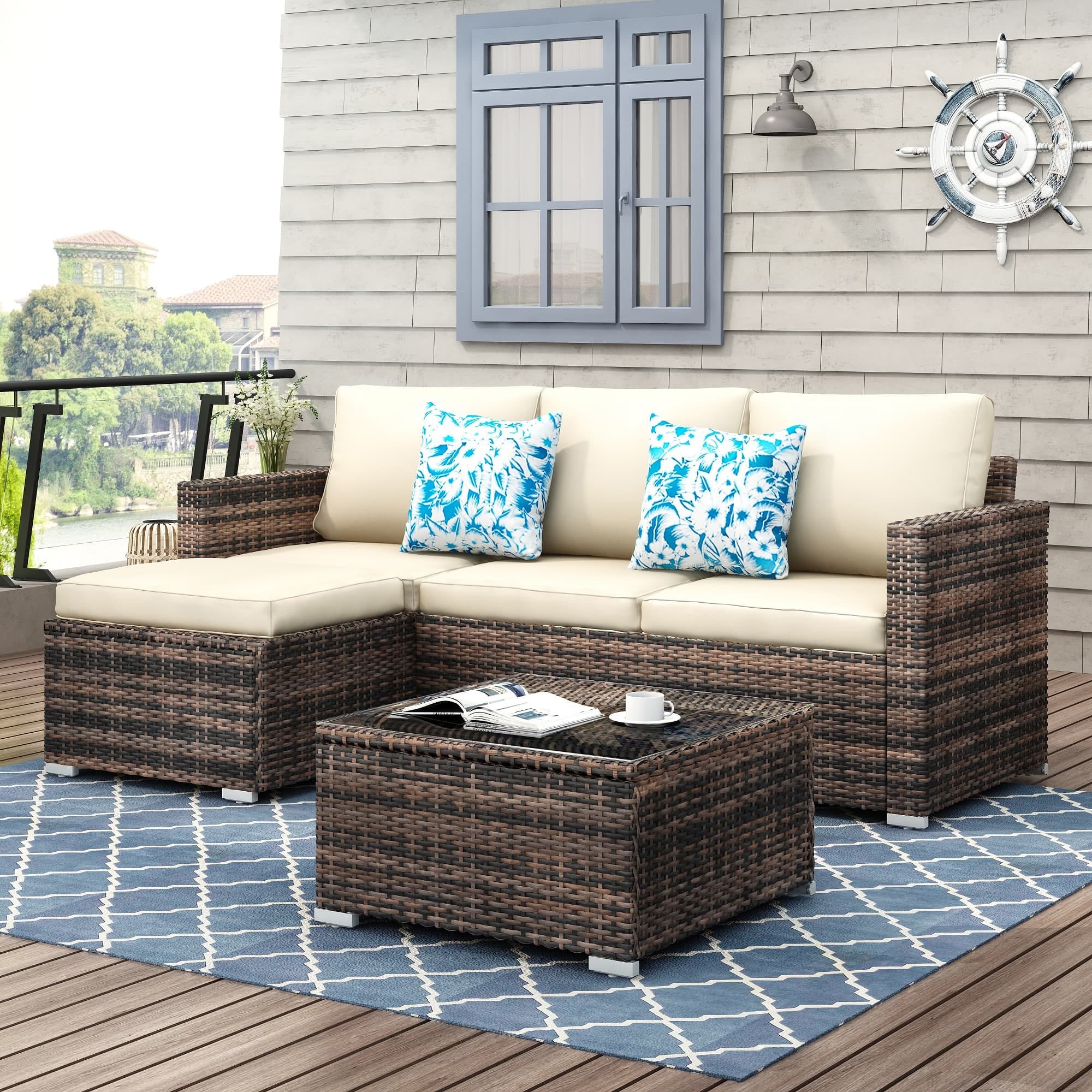 Patio Furniture 3 Piece Sectional Sofa Resin Wicker Beige