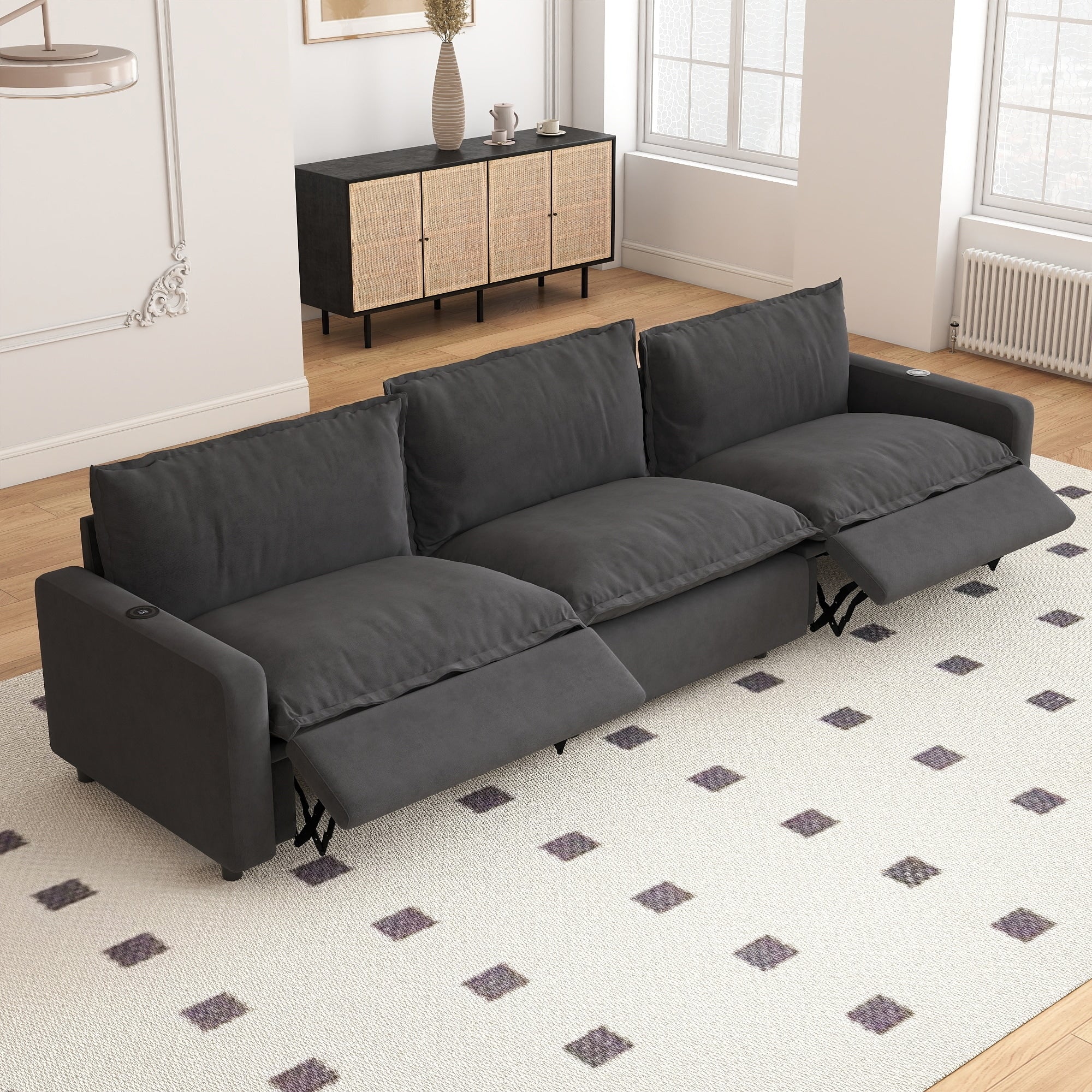 3 Seater Linen Loveseat Power Recliner Sofa Oversized Cloud Modular Sectional Couch With Charging