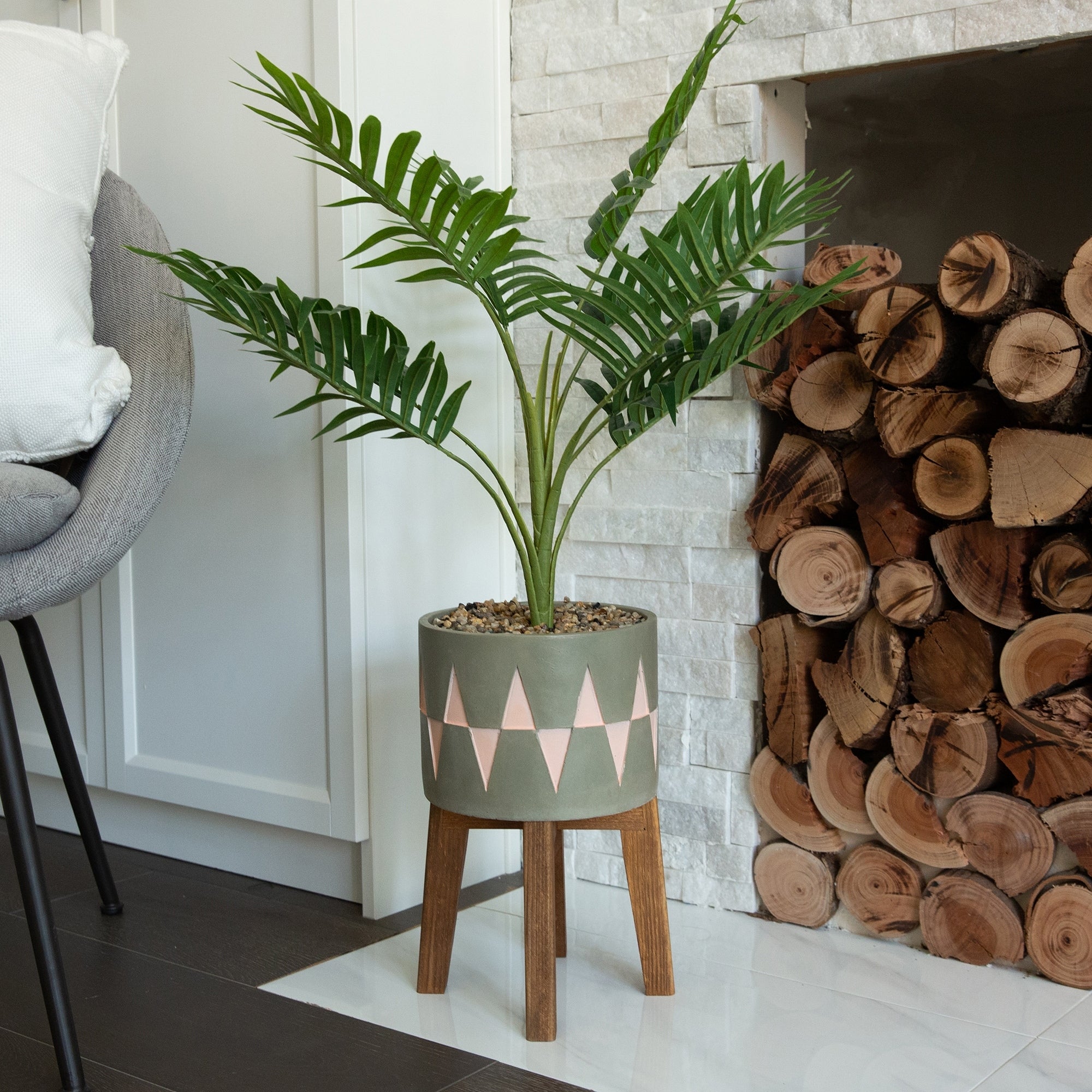 3.15Ft Palm In Cement Planter On Wood Stand One Size
