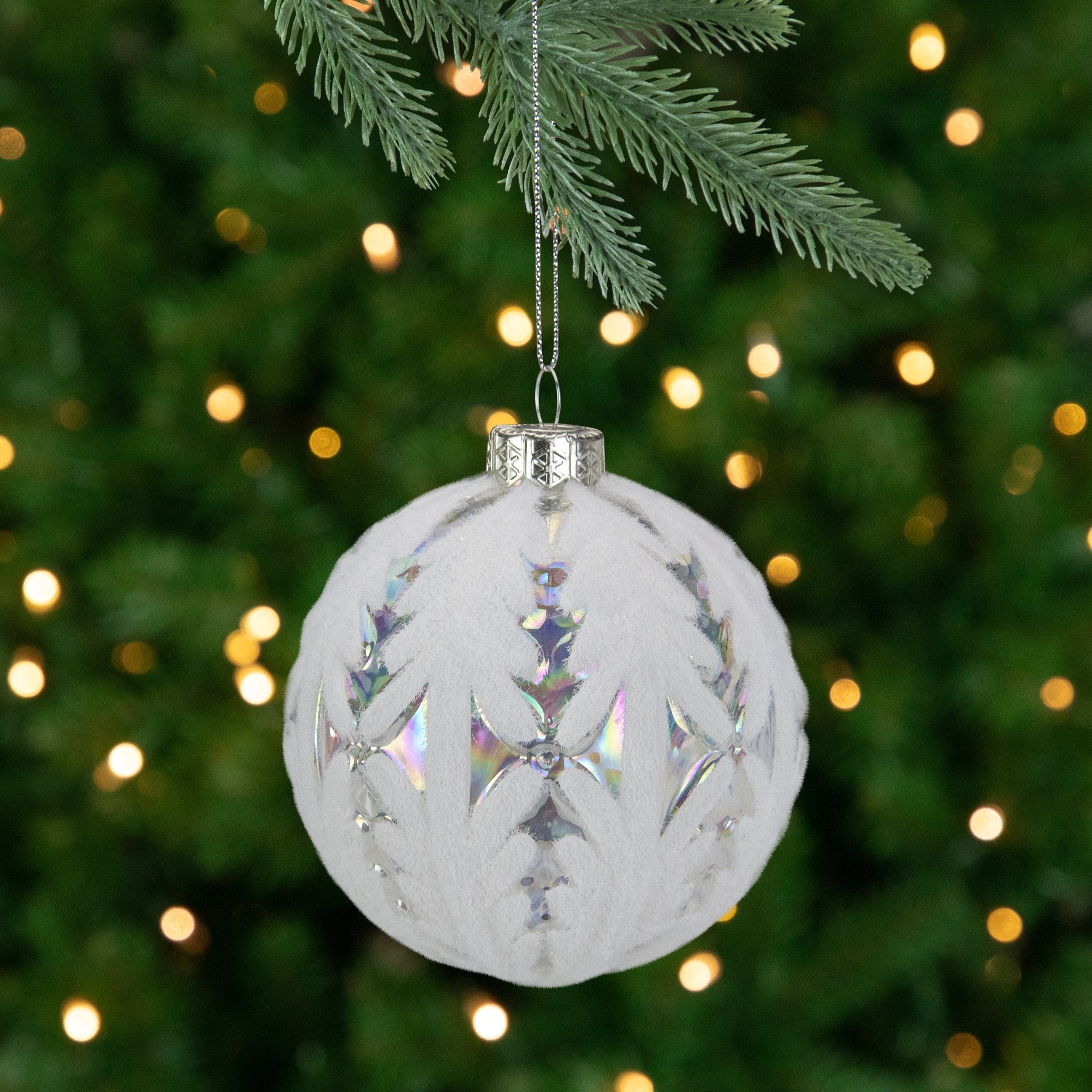 3.9 Clear And White Forest Tree Glass Christmas Ball Ornament