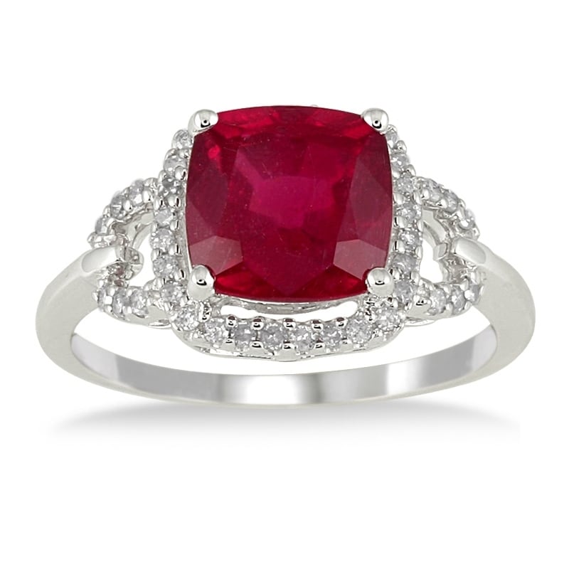 3.65 Carat Cushion Cut Ruby And Diamond Ring In 10K White Gold