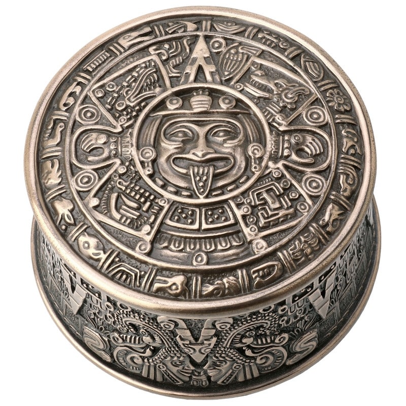3.74 In L Aztec Sun Stone Trinket Box Poly Resin