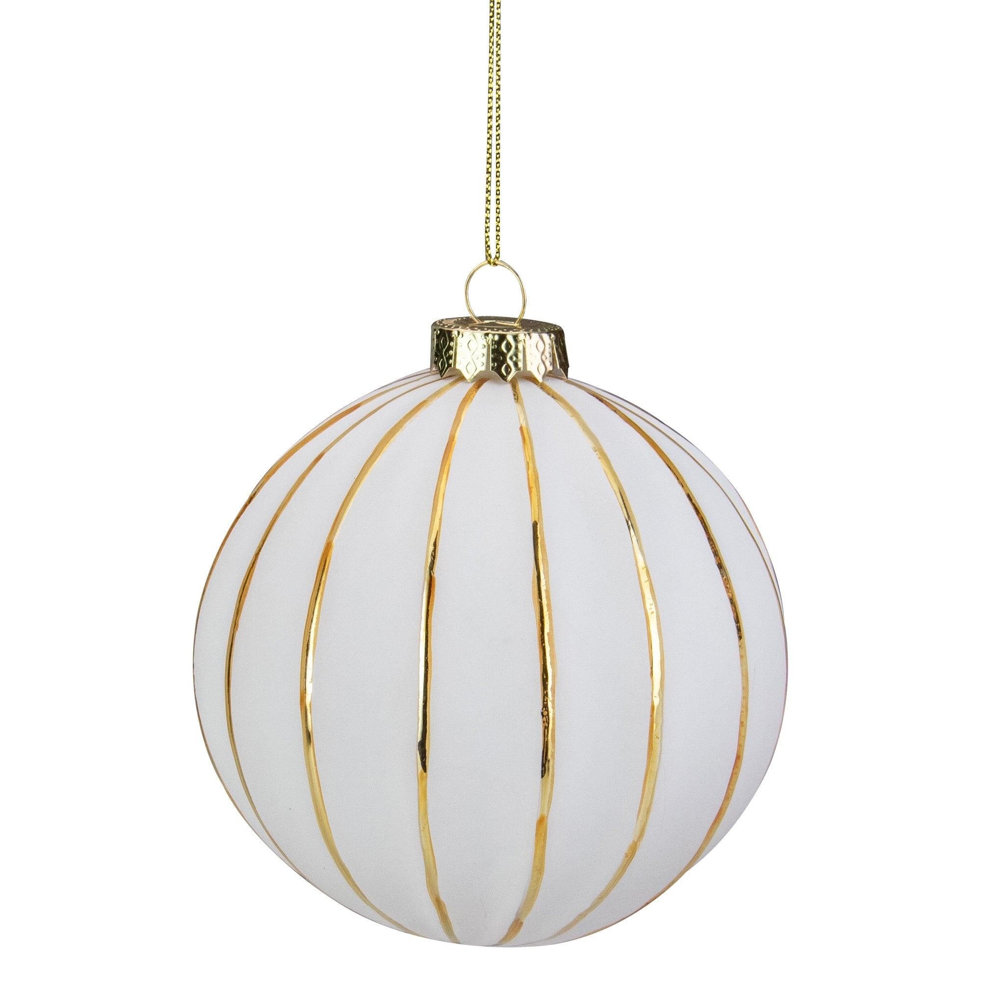 3.9 White And Gold Striped Glass Christmas Ball Ornament
