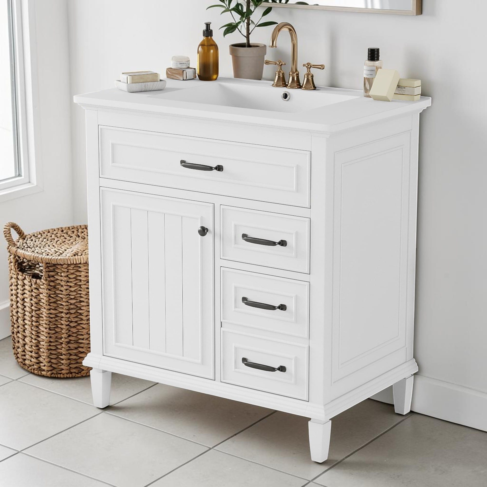 30 Inch Bathroom Vanity With Ceramic Sink Top Freestanding Mdf And Pine Storage Cabinet With Drawers